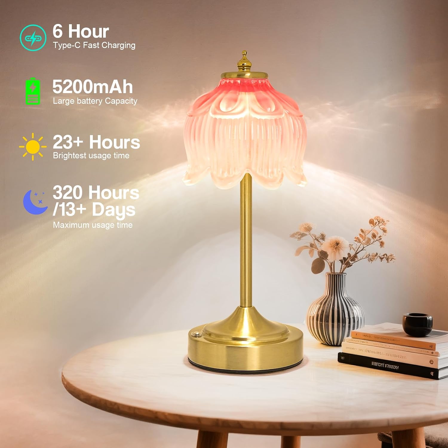 Crkwos Cordless Lotus Flower Table Lamp, 5200mAh Rechargeable Battery Operated Portable Lamp, 3-Color Dimmable Touch Control Small D…