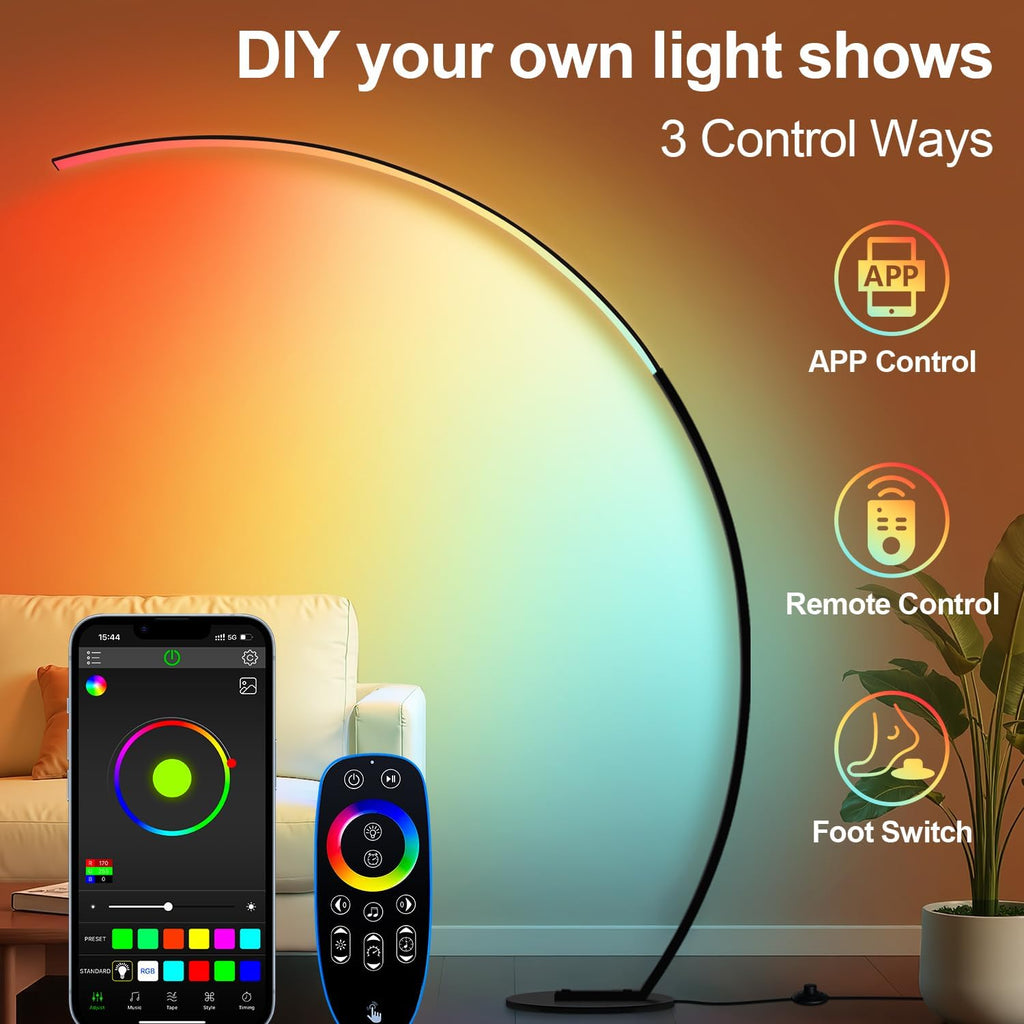 RGB Dimmable Arc Floor Lamps with 3 Color Temperatures, Ultra Bright 1800LM LED Floor Lamps for Living Room, Modern Standing Tall Lamp…