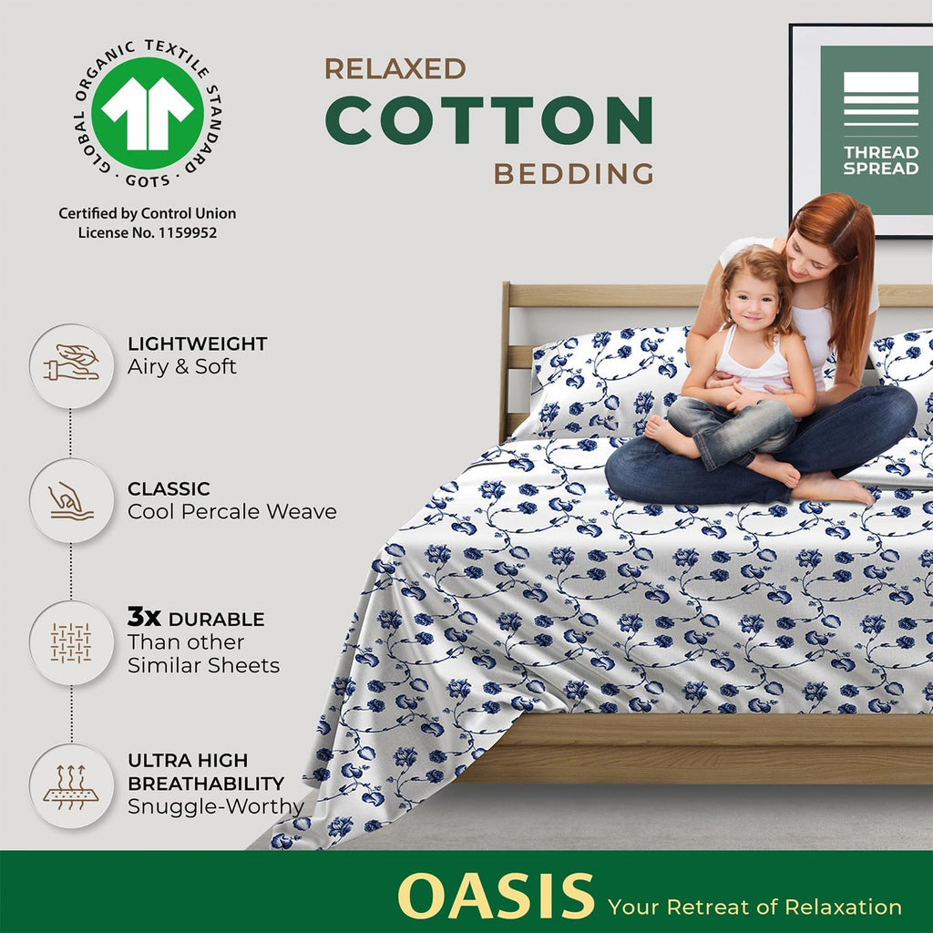 THREAD SPREAD 100% Organic Cotton Sheets Full Size - Organic Cotton Full Size Percale Sheet Set (4 PC, Floral Blue), Soft, Cooling, Crisp…
