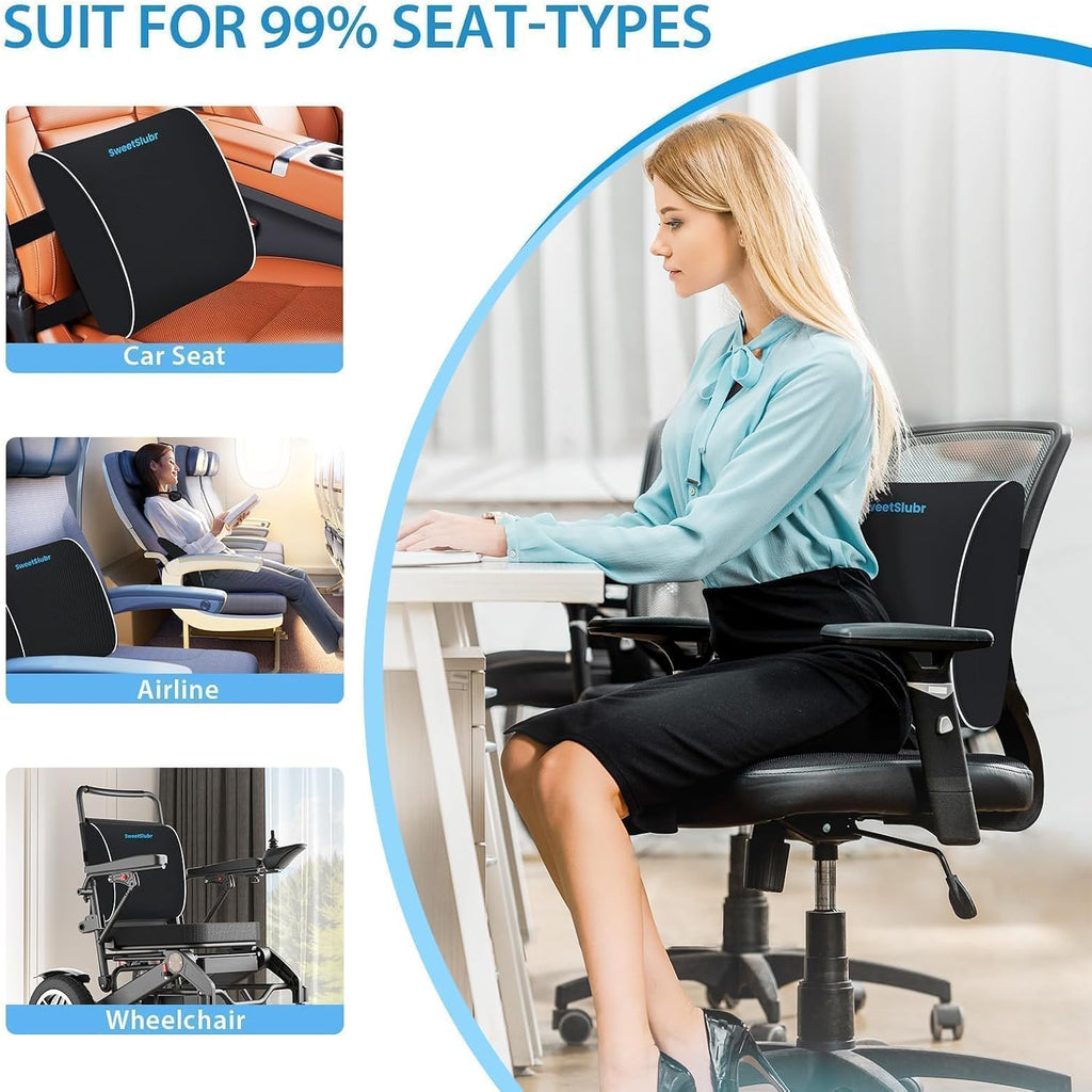 SweetSlubr Lumbar Support Pillow for Office Chair, Car & Gaming Chair, Ergonomic Memory Foam Cushion for Back Comfort, Zoned Back…