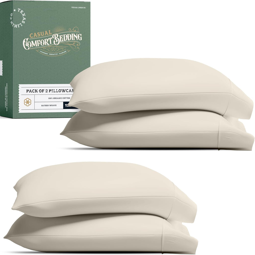TEXAS LINEN CO. 100% Organic Cotton Pillow Cases Standard Size Set of 4 - Soft & Crisp Organic Cotton Pillowcases Standard/Queen Size (2…