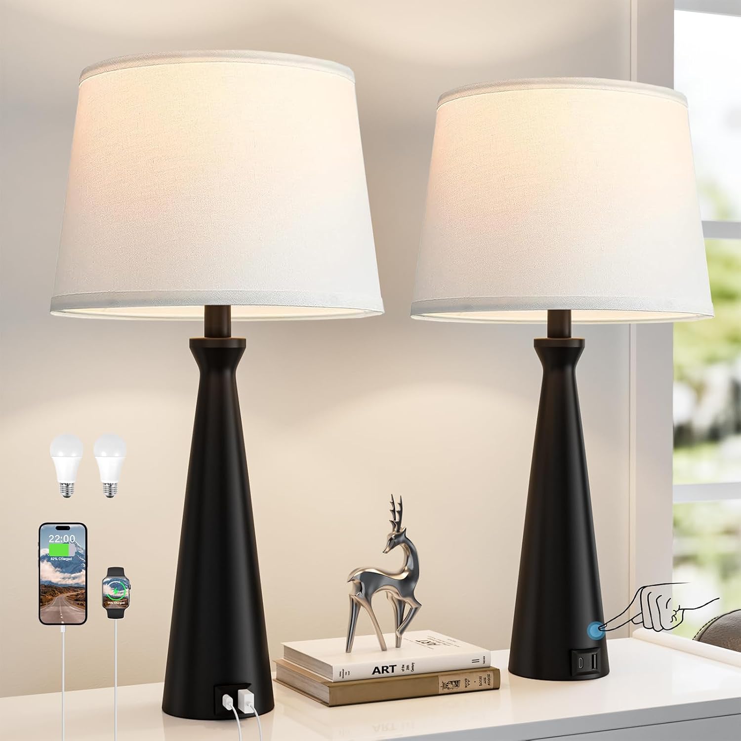 Seealle Modern Table Lamps Set of 2 - Touch Bedside Lamp for Nightstand with Dual USB C+A,3-Way Dimmable Black Nightstand Lamps for…