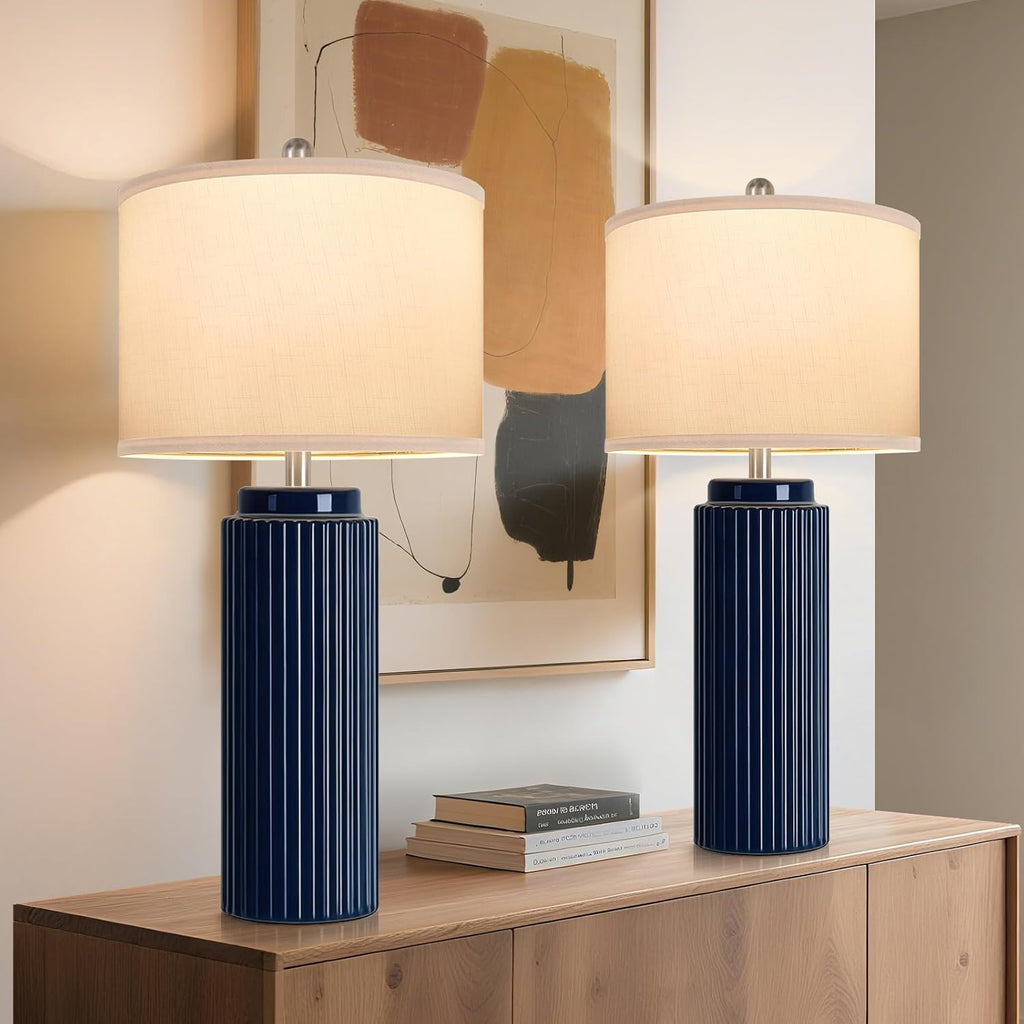 Tobusa 28’’ Modern Ceramic Table Lamps for Living Room Set of 2, Tall Farmhouse Bedside Lamps with Linen Shade, Dark Blue Rustic Nightstand…