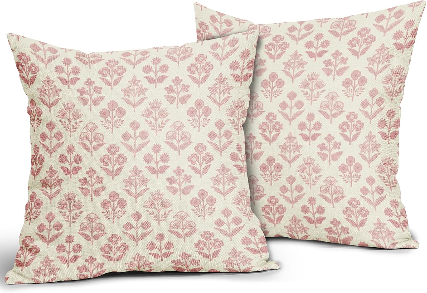 Pink Floral Block Print Pillow Covers 20x20 Inch Set of 2, Vintage Flower Decorative Throw Pillowcases for Home, Bedroom, Living Room…