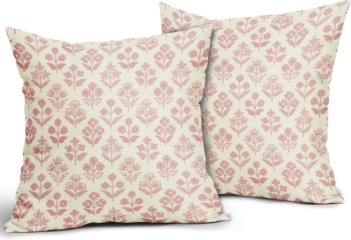 Pink Floral Pillow Covers 24x24 Inch Set of 2, Vintage Flower Block Print Pattern Decorative Throw Pillowcases Outdoor Farmhouse Cushion…