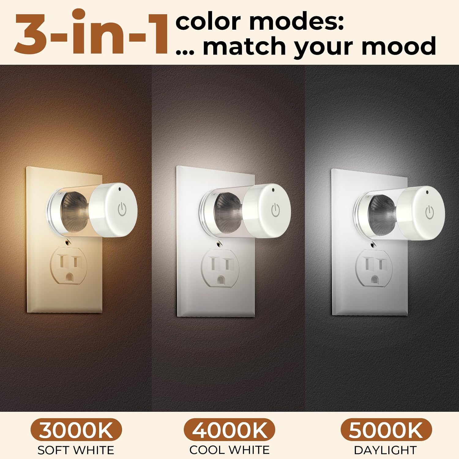 TSEXES 2 Pack LED Night Light Plug into Wall, 3000K/4000K/5000K Adjustable Color Temperature, Touch Control Dimmable Nightlight, Built-in…