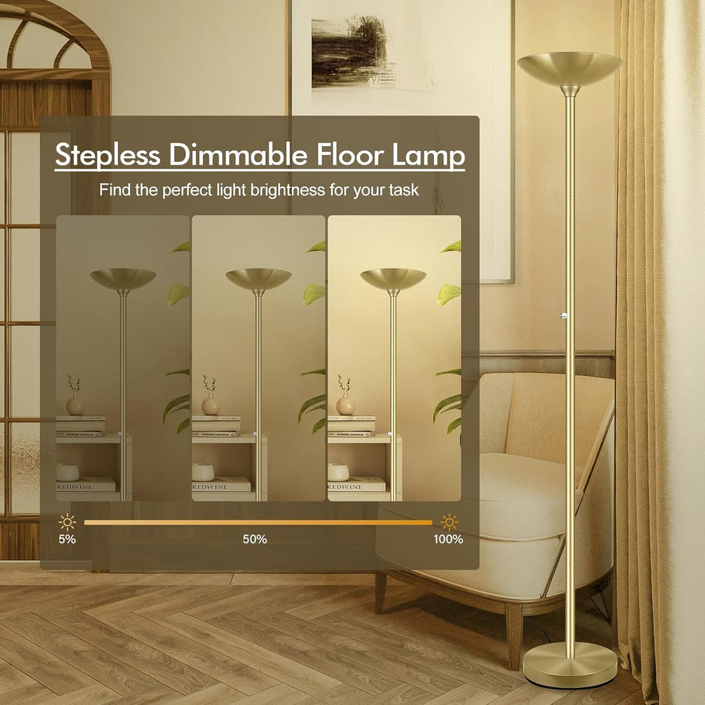 30W Torchiere Floor Lamp Gold, 3600LM Bright Stepless Dimmable Floor Lamp, 71 Inch LED Standing Lamp 3000K, Rotary Switch, I Inch Thick…