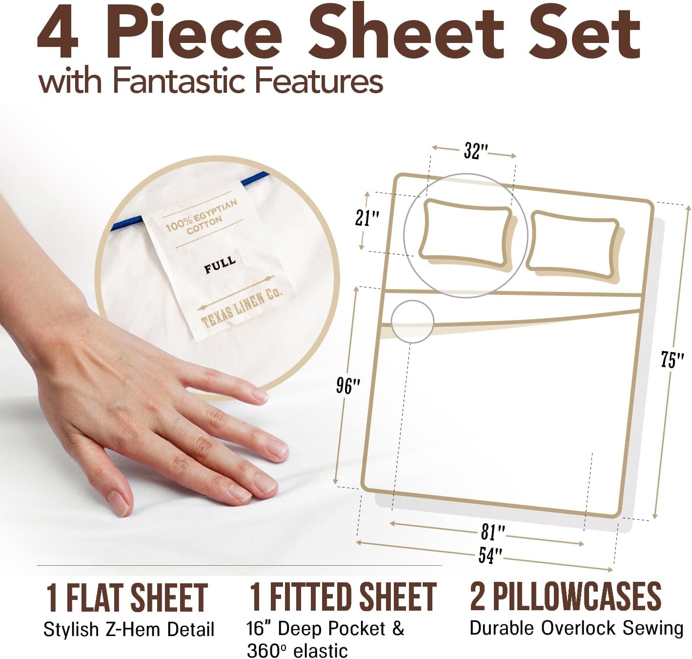TEXAS LINEN CO. Egyptian Cotton Sheets Full Size – 300 Series Full Size Sheets Set (4 PC, White), Soft & Durable, Cooling, 16" Deep…