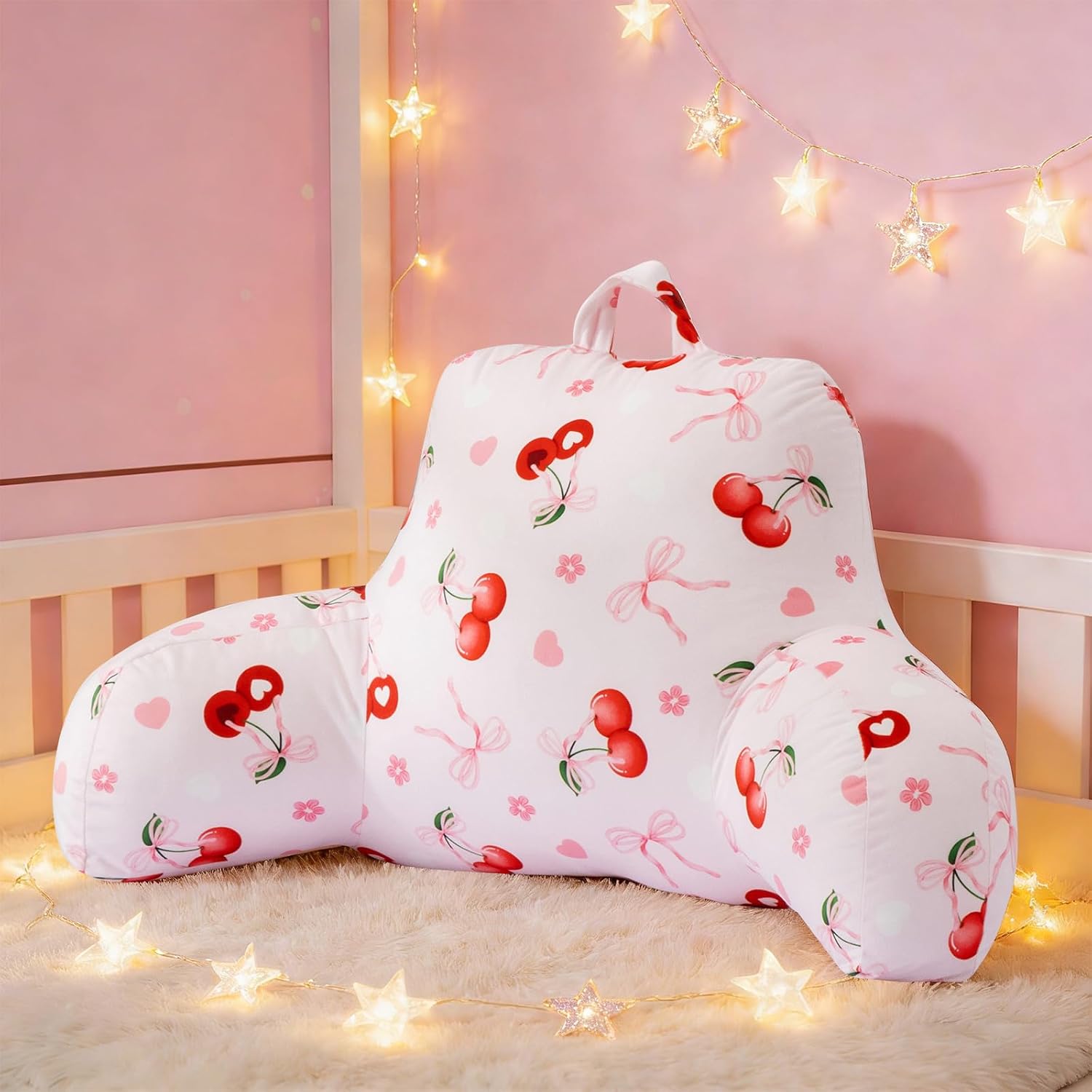 Holawakaka Kids Backrest Reading Pillow with Arms, Cherry Bowknot Print Plush Bed Rest Pillows for Teens Girls Sitting in Bed, Sofa…