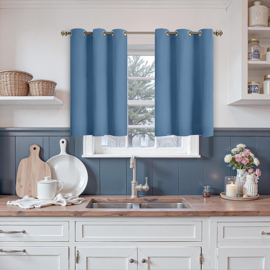 YoungsTex Denim Blue Blackout Kitchen Curtains 36 Inch Length - Short Thermal Insulated Drapes with Grommet Room Darkening for Bathroom Sma…
