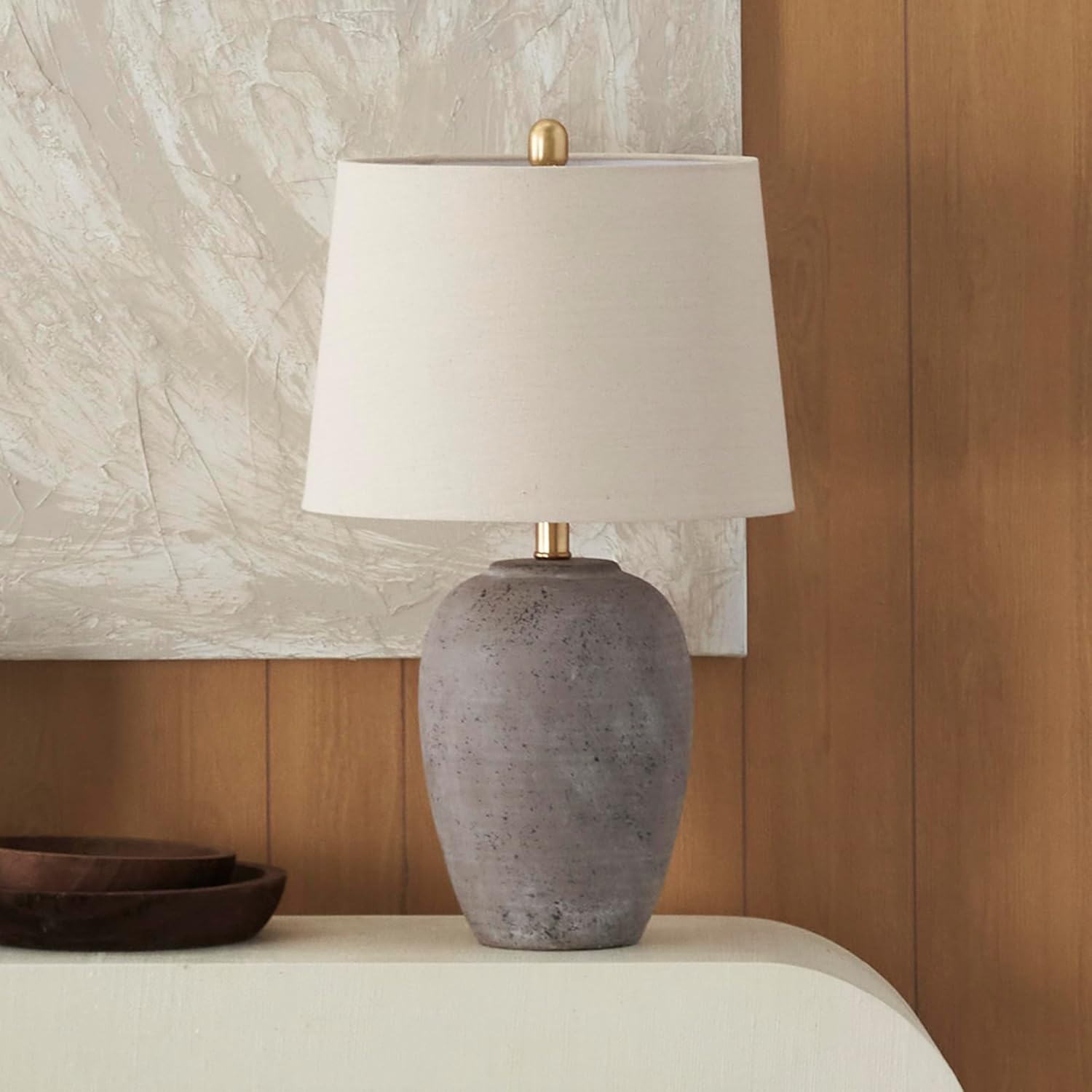 Nourison Home 23" Greyish Brown Earth Tone Rustic Farmhouse Ceramic Table Lamp for Bedroom, Living Room, Dining, Office, with Beige Linen…