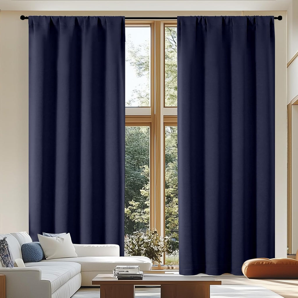 Simplebrand Ava Navy Blue Blackout Curtains for Patio 108 Inches Long 2 Panels Set, Solid Thermal Insulated Room Darkening Rod Pocket Windo…