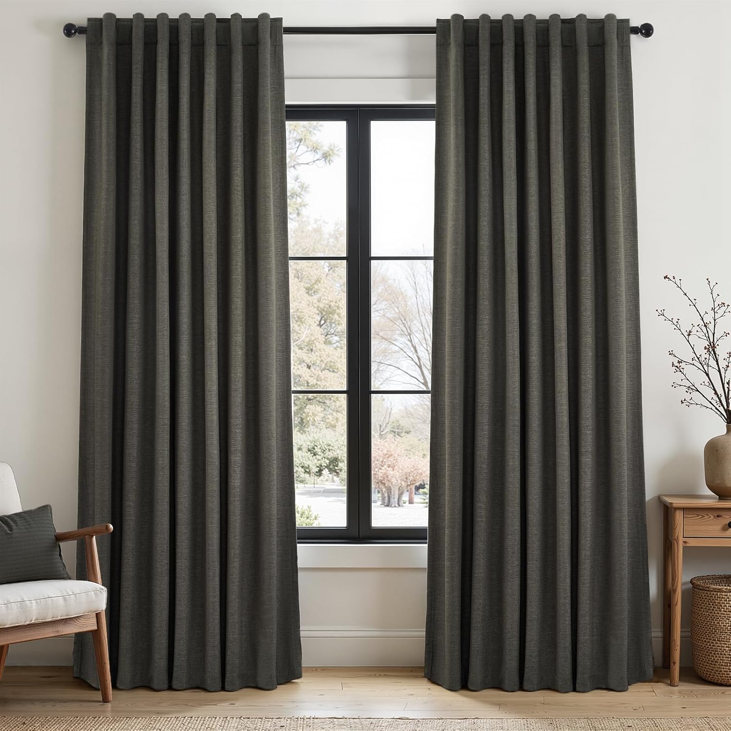 Topfinel 100% Blackout Linen Textured Curtains 84 inches Long Charcoal Gray Thermal Insulating Privacy Energy Saving for Bedroom Living Roo…