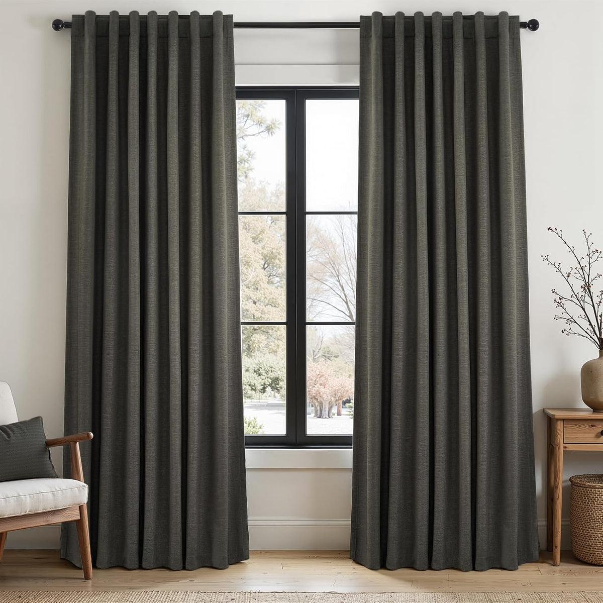 Topfinel Linen Blackout Curtain 90 Inches Long for Bedroom/Living Room Thermal Insulated Back Tab Linen Curtain Drapes Primitive Textured B…