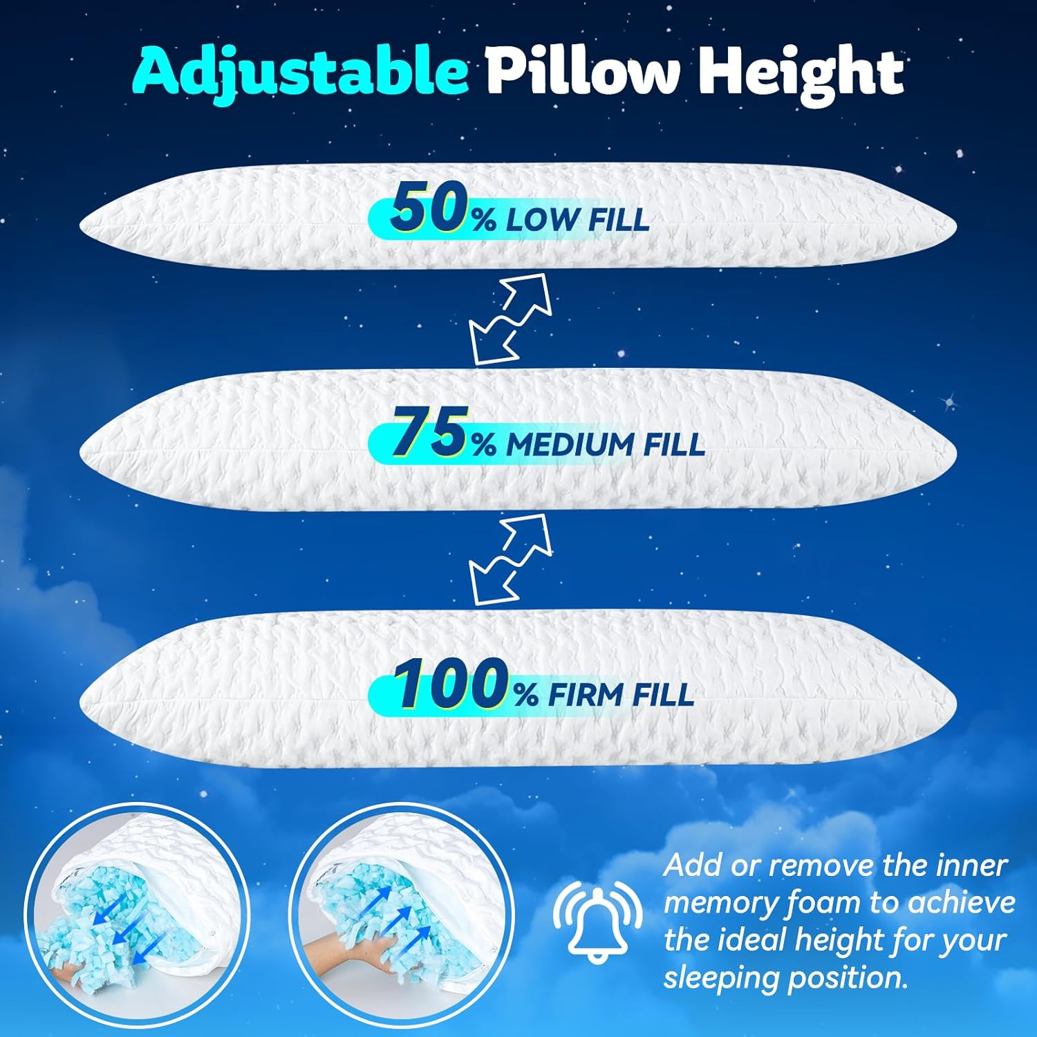 KUCEY Body Pillow for Side Sleeper with Neck and Shoulder Pain, Adjustable Shredded Memory Foam Pillows, Cooling Pillow for hot Sleepers…