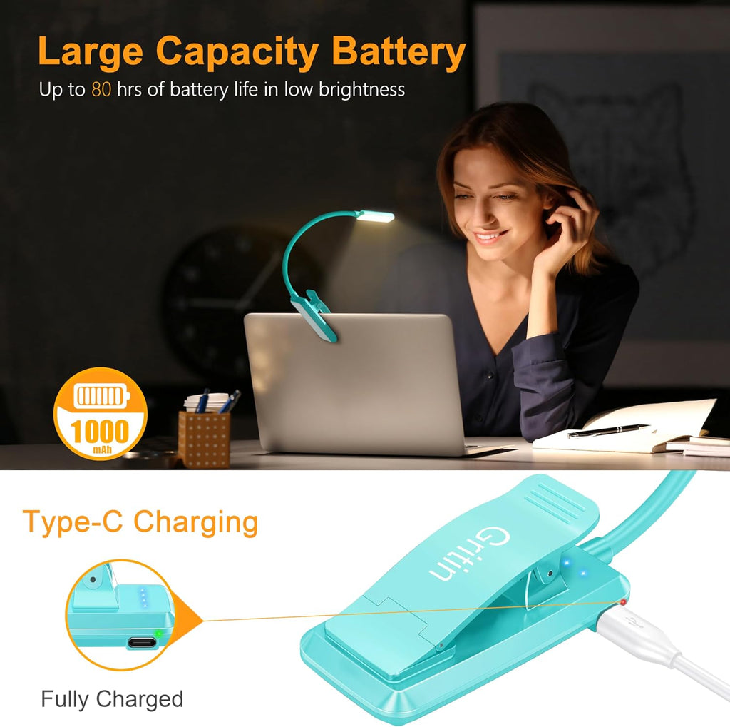 Gritin 9 LED Rechargeable Book Light for Reading in Bed - Eye Caring 3 Color Temperatures, Stepless Dimming Brightness,80 Hrs Runtime…