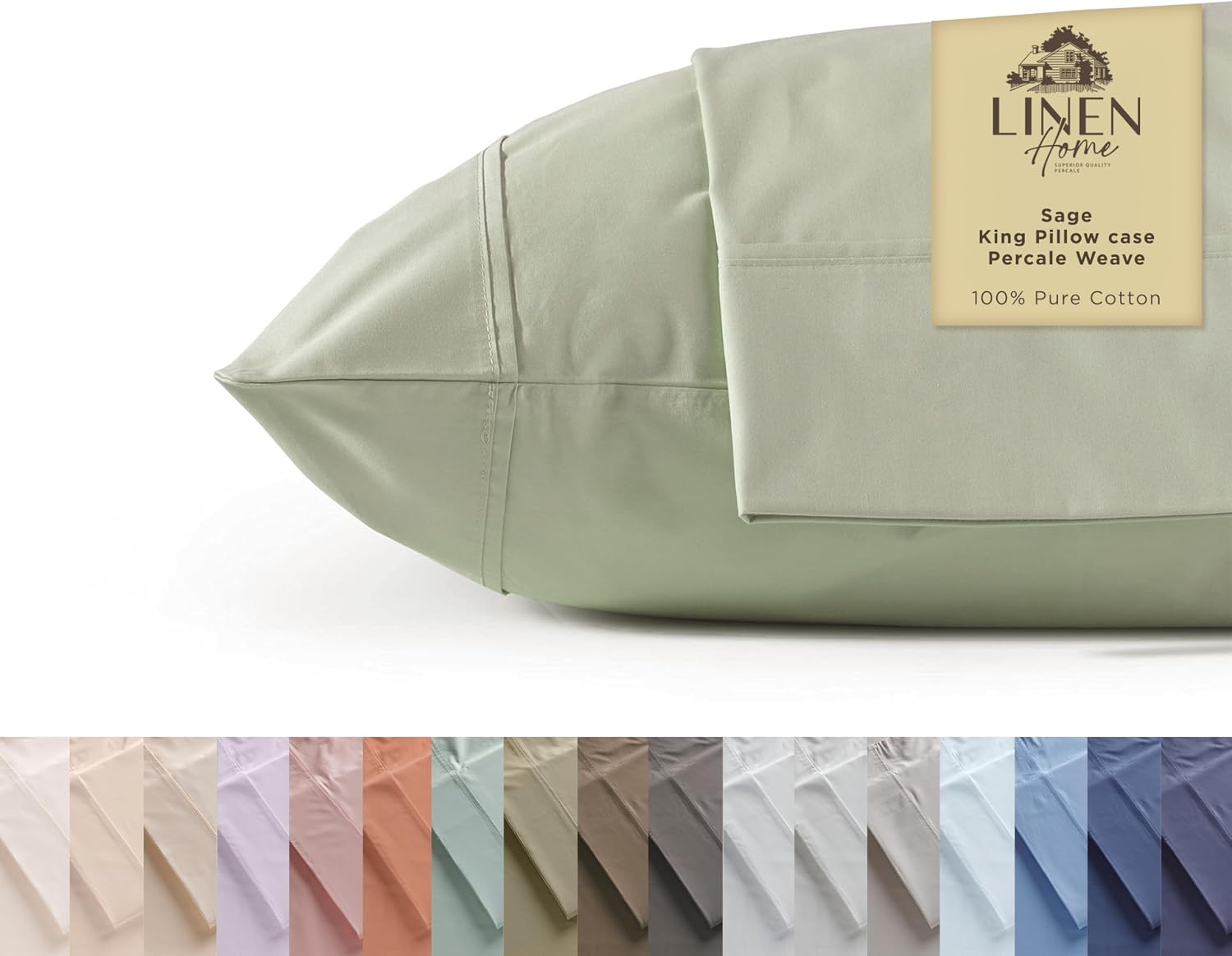 Linen Home 100% Cotton Percale Pillowcases King Size, Sage, 2 Pieces of Pillow Case, Crisp and Cool Strong Bed Linen, 20 inches X 36 inches