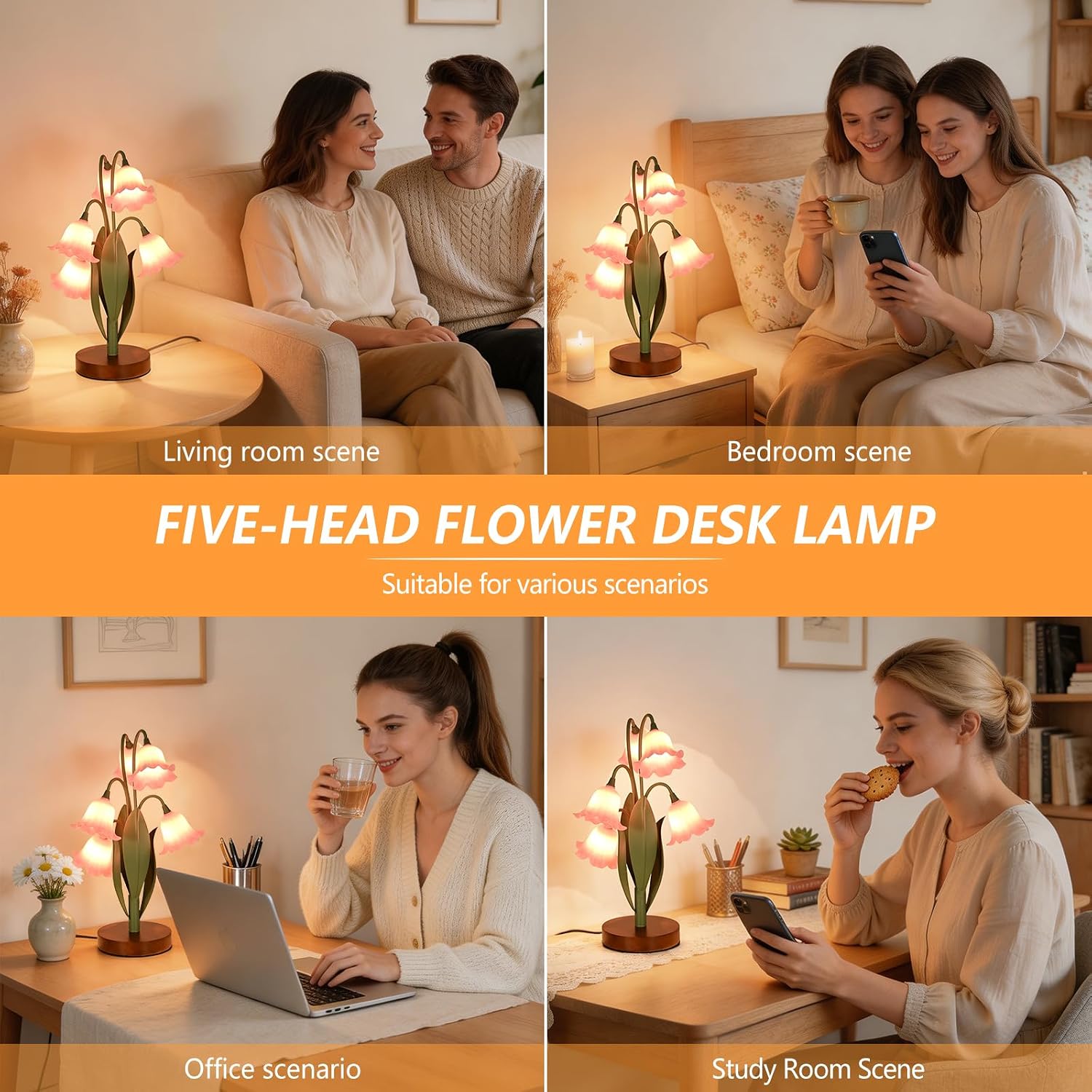 Flower Table Lamp for Bedroom, Cute Reading Light with 5 Wind Chime Grass Flower of The Valley, Desk Lamp Bedside Lamps for Nightstands…