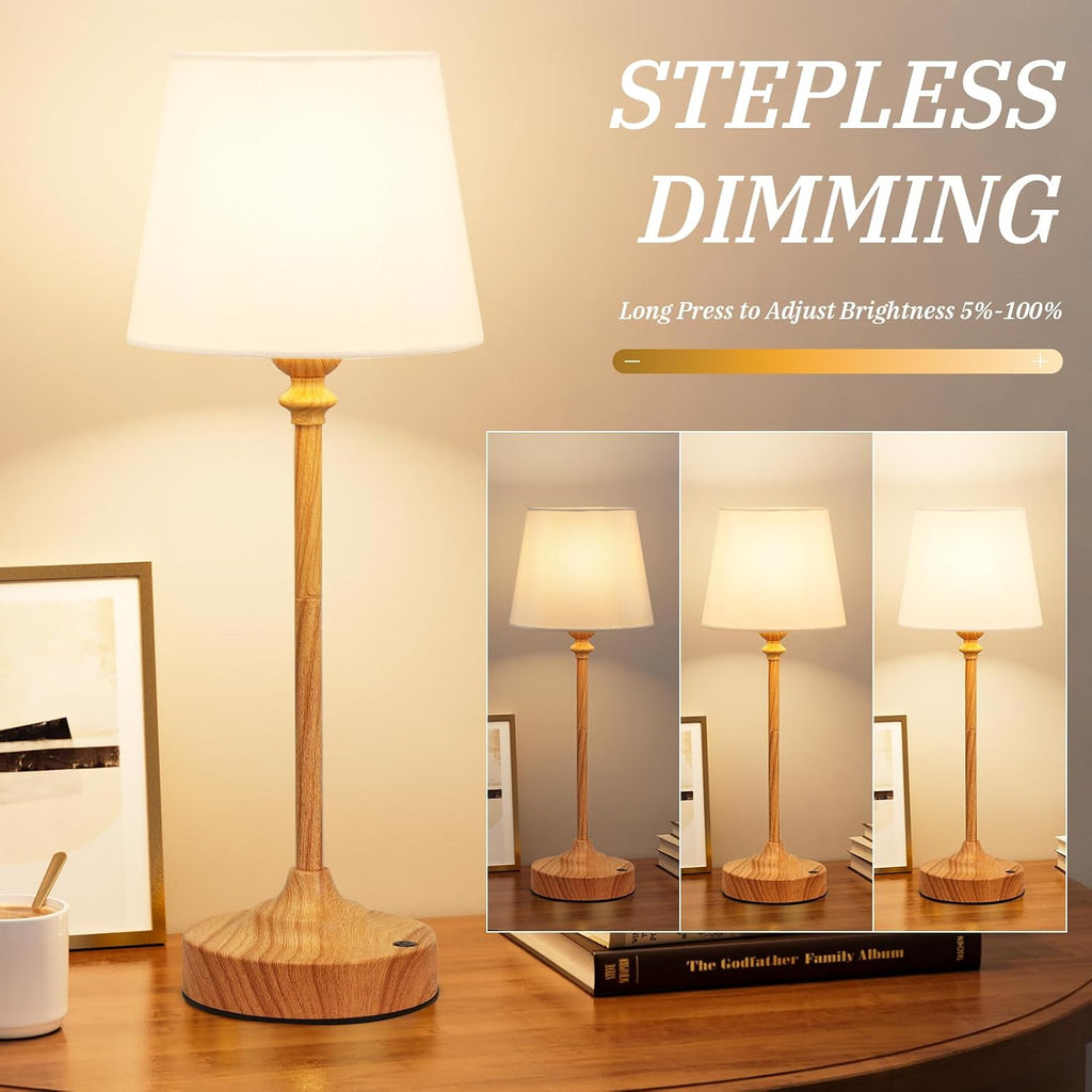 Kakanuo Cordless Table Lamps Rechargeable Set - 2 Pack Wooden 4000mAH Battery Operated Lamps for Decor, 3000K Stepless Dimming Touch…