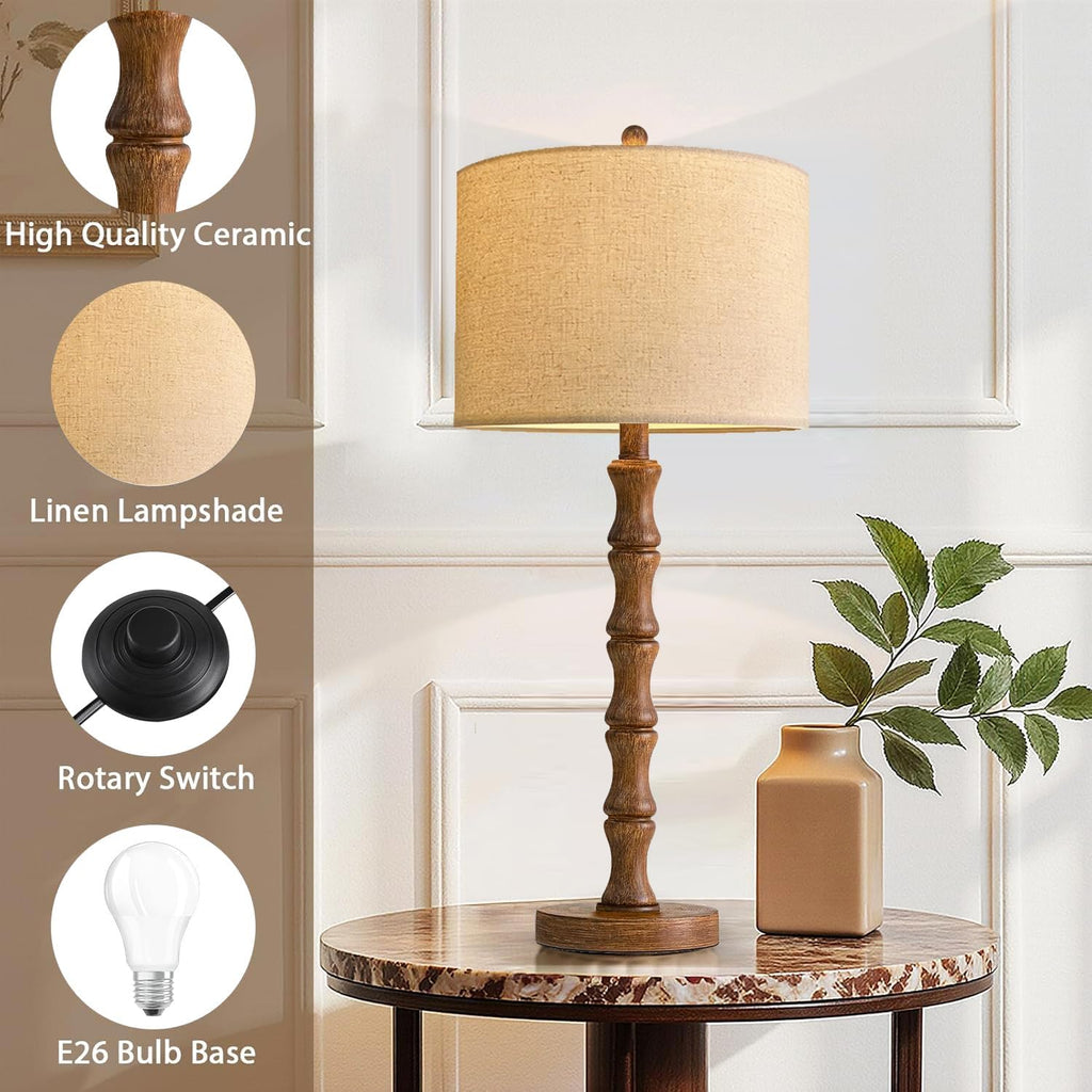 ILLMTW Wood Table Lamp Set of 2, Vintage Buffet Lamps Mid Century Bedside Lamp Wooden Nightstand Lamp Farmhouse Retro Side Tall Table Lamp…
