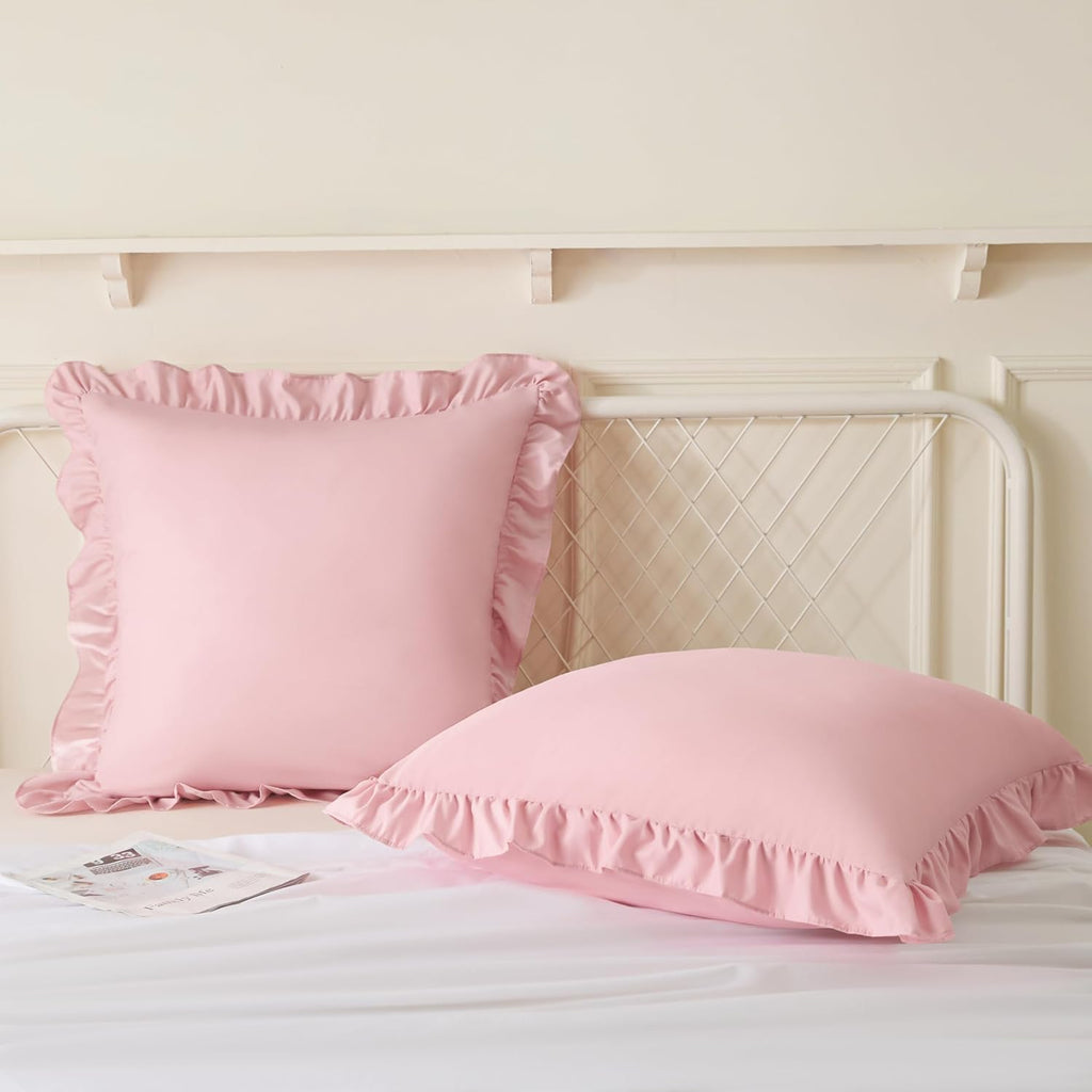 KKJIAF Ruffle Pillow Cases 24x24 Inches, Light Pink Square Ruffled Pillow Covers Set of 2, Microfiber Wrinkle Resistant Pillow Shams with…