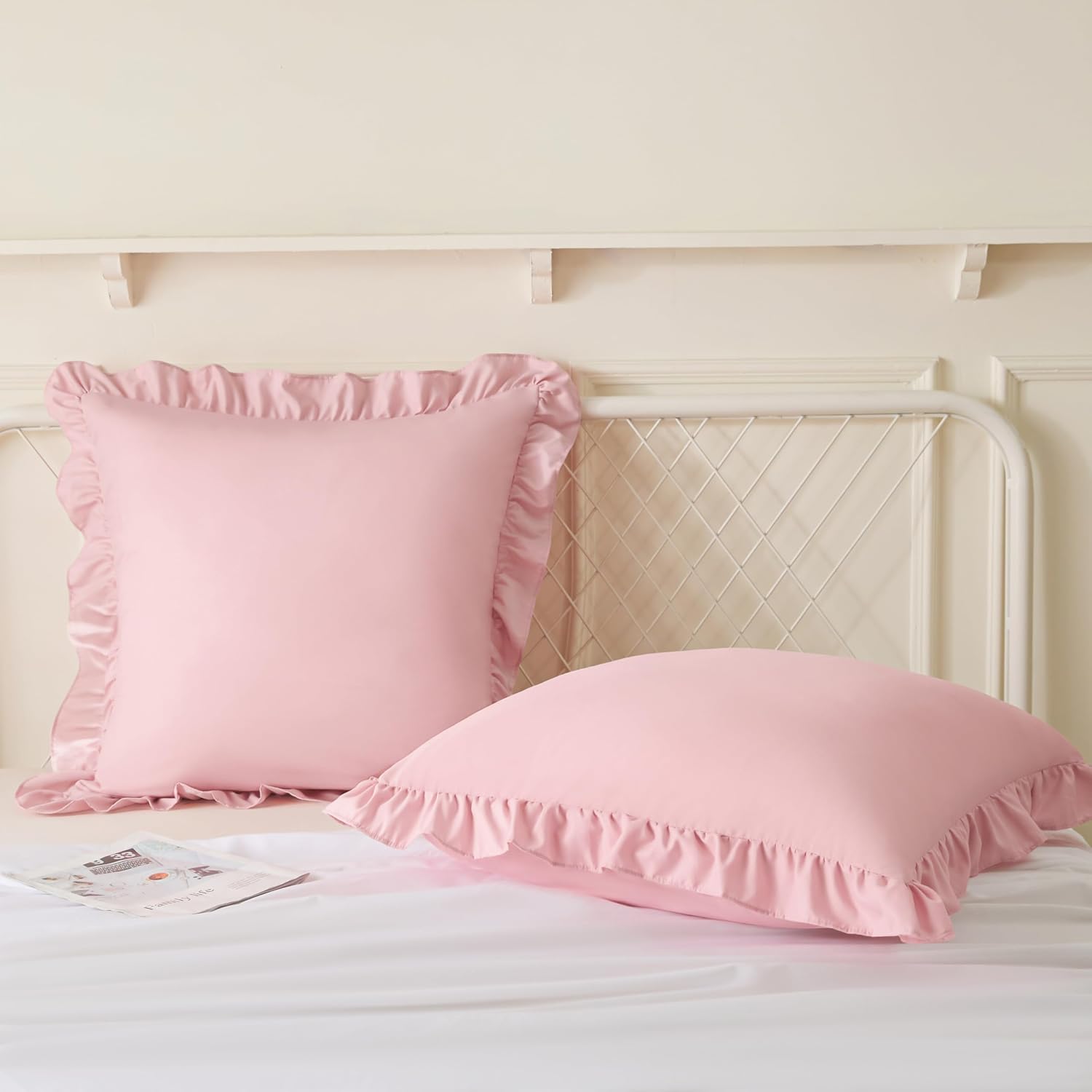 KKJIAF Ruffle Pillow Cases 24x24 Inches, Light Pink Square Ruffled Pillow Covers Set of 2, Microfiber Wrinkle Resistant Pillow Shams with…