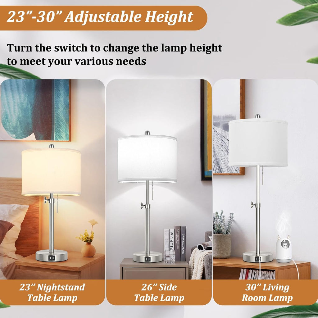 Kondras Table Lamp Set of 2 for Bedroom, Bedside Lamp with 2 USB Ports, 23" to 30" Height Adjustable Tall Table Lamp for Living Room End…