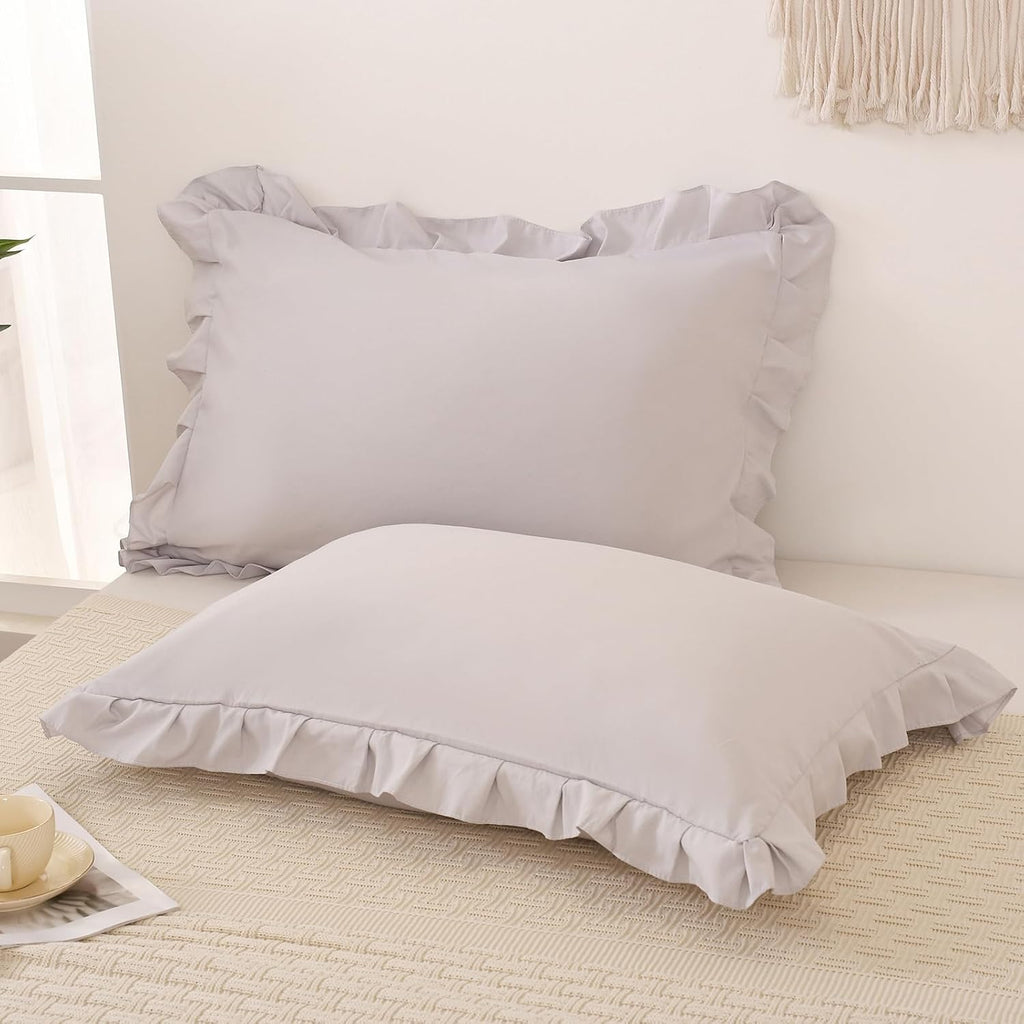 Merryword Beige Gray Pillowcases King Pillowcases Ruffled Pillow Shams Set of 2 Cute Pillowcases Solid Ruffled Fringe Design Light Gray Sha…