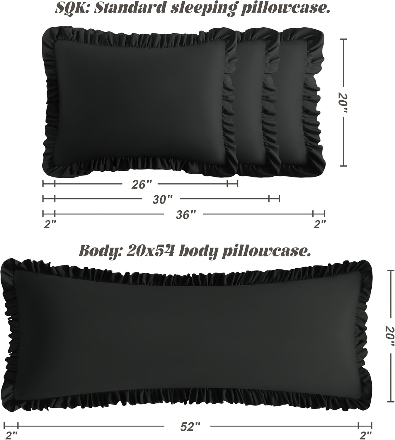 Bedsum Ruffled Body Pillowcase, 20x54 Inches, Brushed Microfiber with Envelope Closure, Soft Wrinkle-Resistant, Black Black