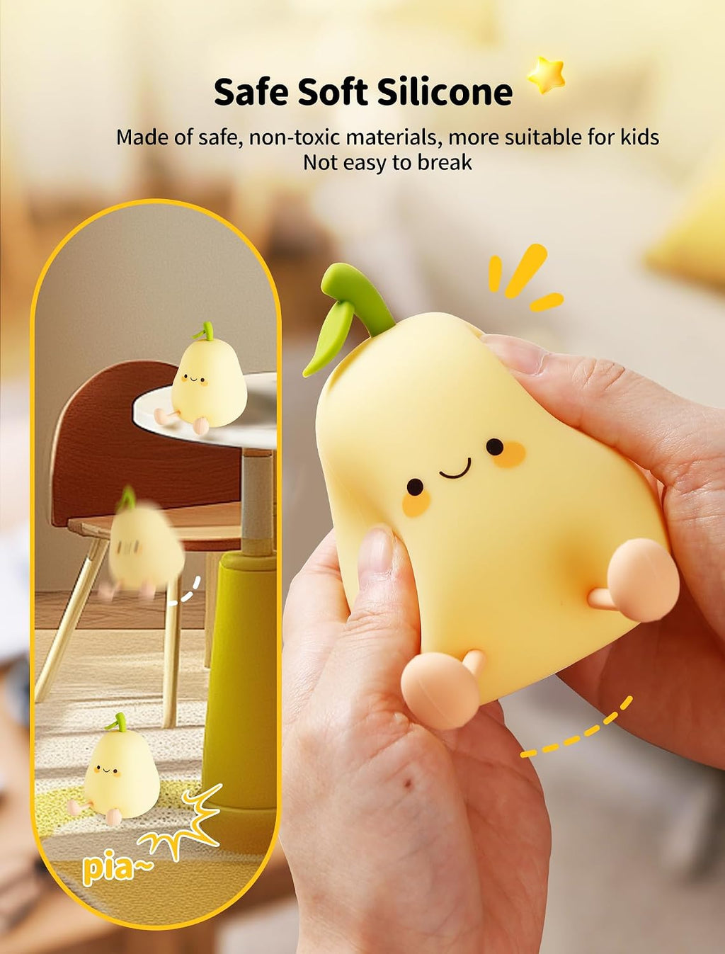 Pear Night Light for Kids, Nursery Night Lights, Bedside Touch Lamp, Cute Silicone Nightlight for Baby Toddler, 3 Level Dimmable Soft…