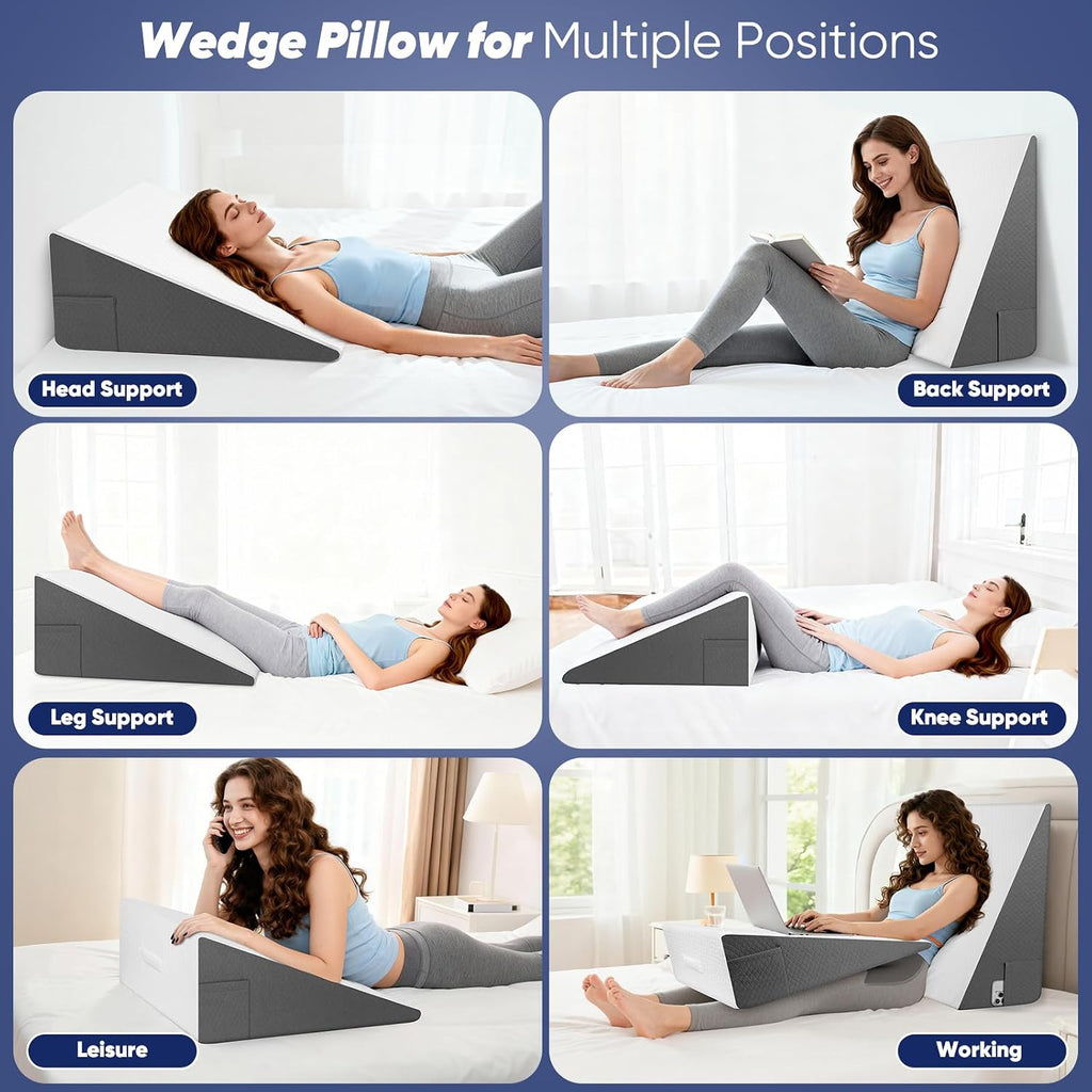 12 inch Bed Wedge Pillow for Adults Seniors, Cooling Memory Foam Incline Pillow for Sleeping, Reading & Resting, Back Support and Leg…