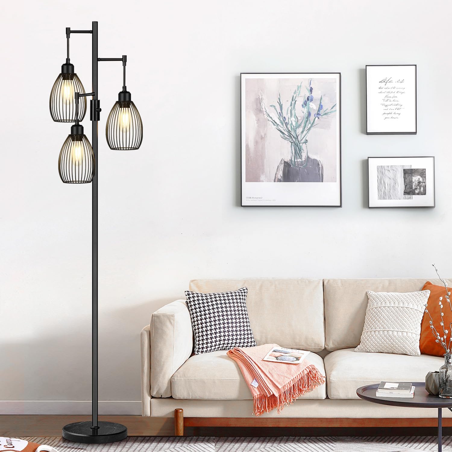 Torondo 70" Dimmable Floor Lamp with Marble Base, 3 x 800LM LED Edison Bulbs Included, Industrial Black Floor Lamps for Living Room…