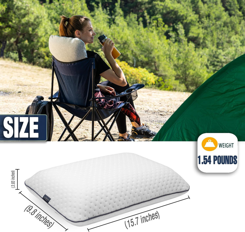 alkamto Travel & Camping Comfortable Memory Foam Pillow – Easy to Carry Portable Bag – Temperature Regulating Pillow Case