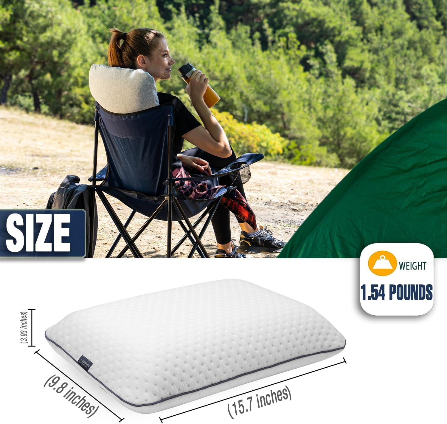 alkamto Travel & Camping Comfortable Memory Foam Pillow – Easy to Carry Portable Bag – Temperature Regulating Pillow Case