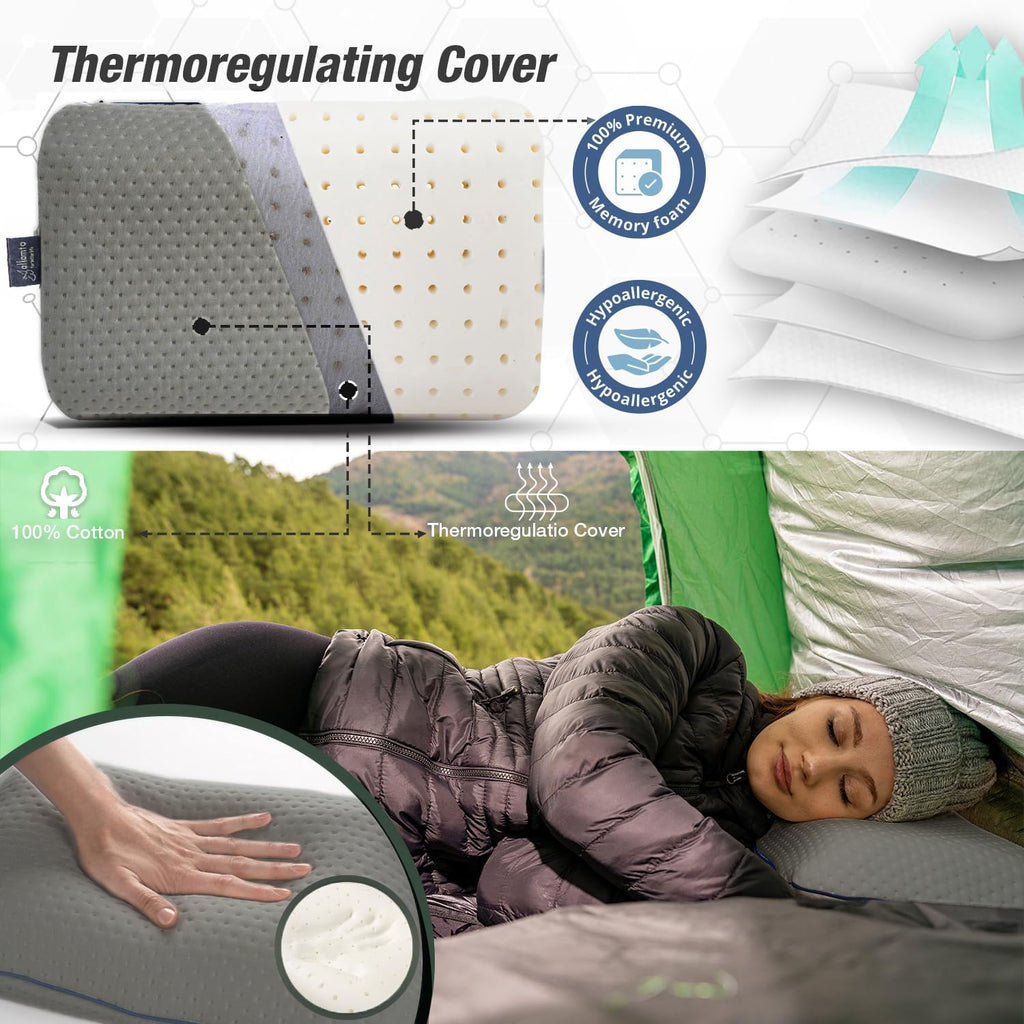 alkamto Travel & Camping Comfortable Memory Foam Pillow – Easy to Carry Portable Bag – Temperature Regulating Pillow Case (Grey)