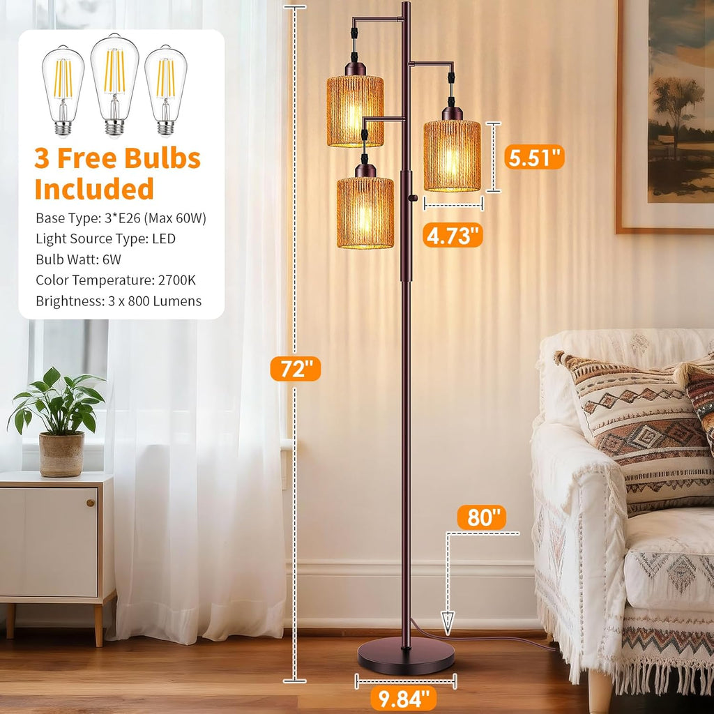 Hotsonic 72" Tall Boho Rattan Style Floor Lamp with Hand-Woven Paper Cord Shade, Dimmable Industrial Tree Standing Lamp for Living Room…
