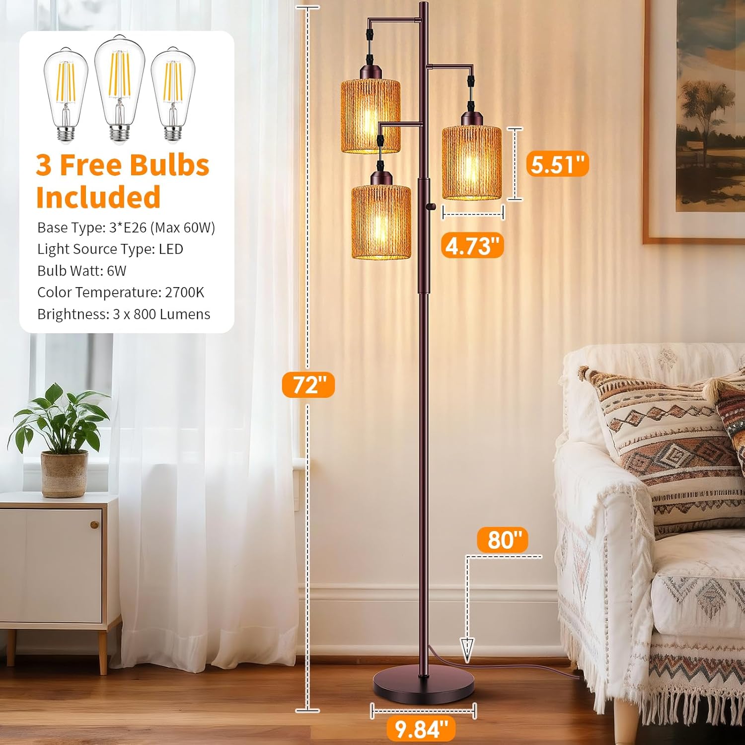 Hotsonic 72" Tall Boho Rattan Style Floor Lamp with Hand-Woven Paper Cord Shade, Dimmable Industrial Tree Standing Lamp for Living Room…
