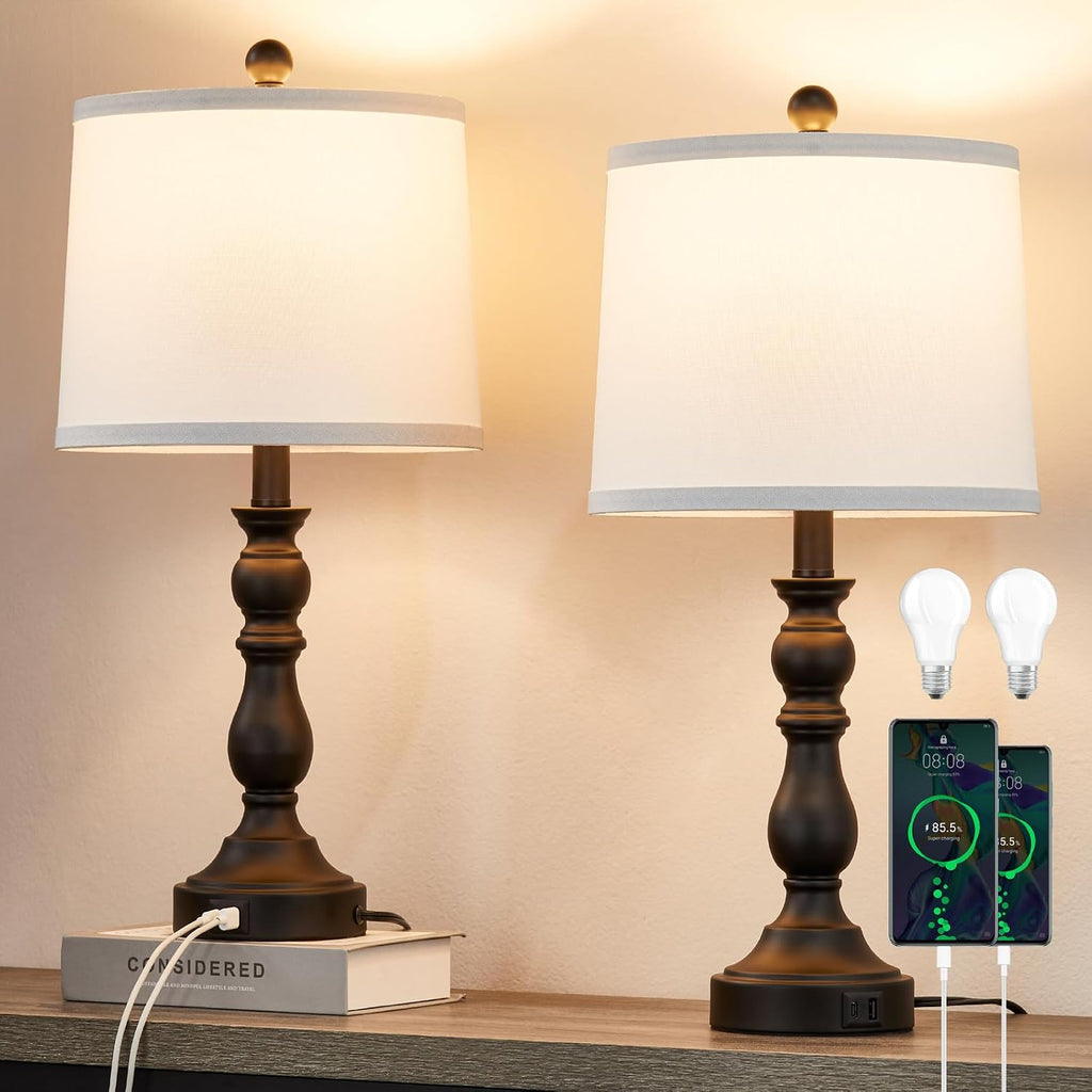 Farmhouse Side Table Lamps for Living Room Set of 2 with USB C+A Ports, Bedside Lamp for Bedroom, Dining Room Decor, Office, End Table…
