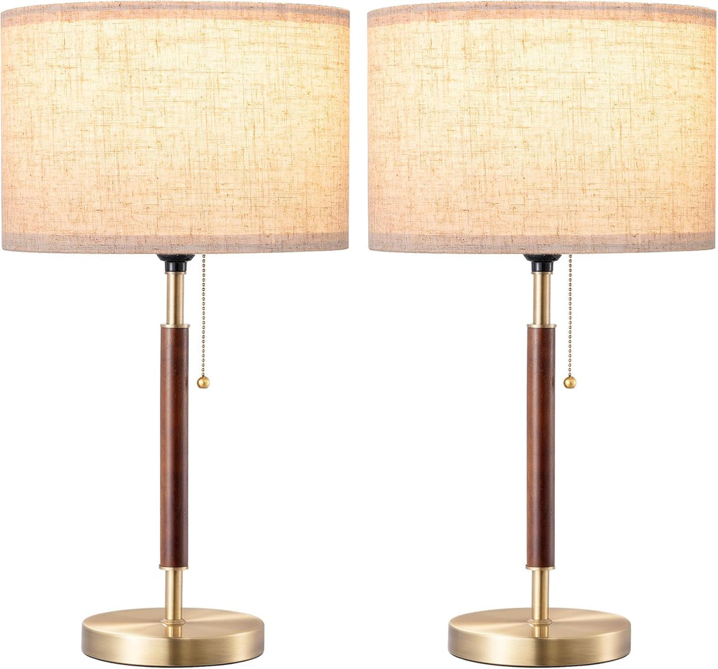 EDISHINE Mid Century Table Lamp Set of 2, Pull Chain Switch Bedside Lamp, Linen Shade, Solid Wood Pole & Bronze Brushed Metal Base…