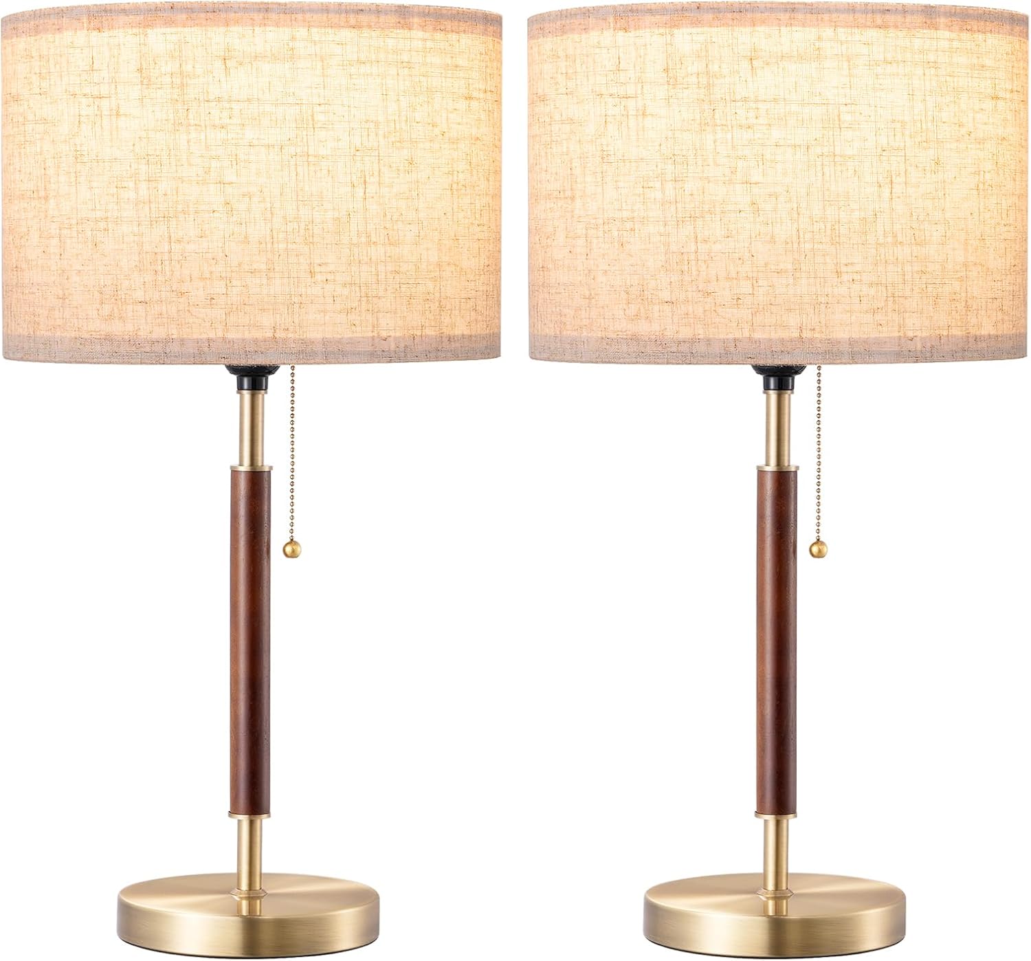 EDISHINE Mid Century Table Lamp Set of 2, Pull Chain Switch Bedside Lamp, Linen Shade, Solid Wood Pole & Bronze Brushed Metal Base…