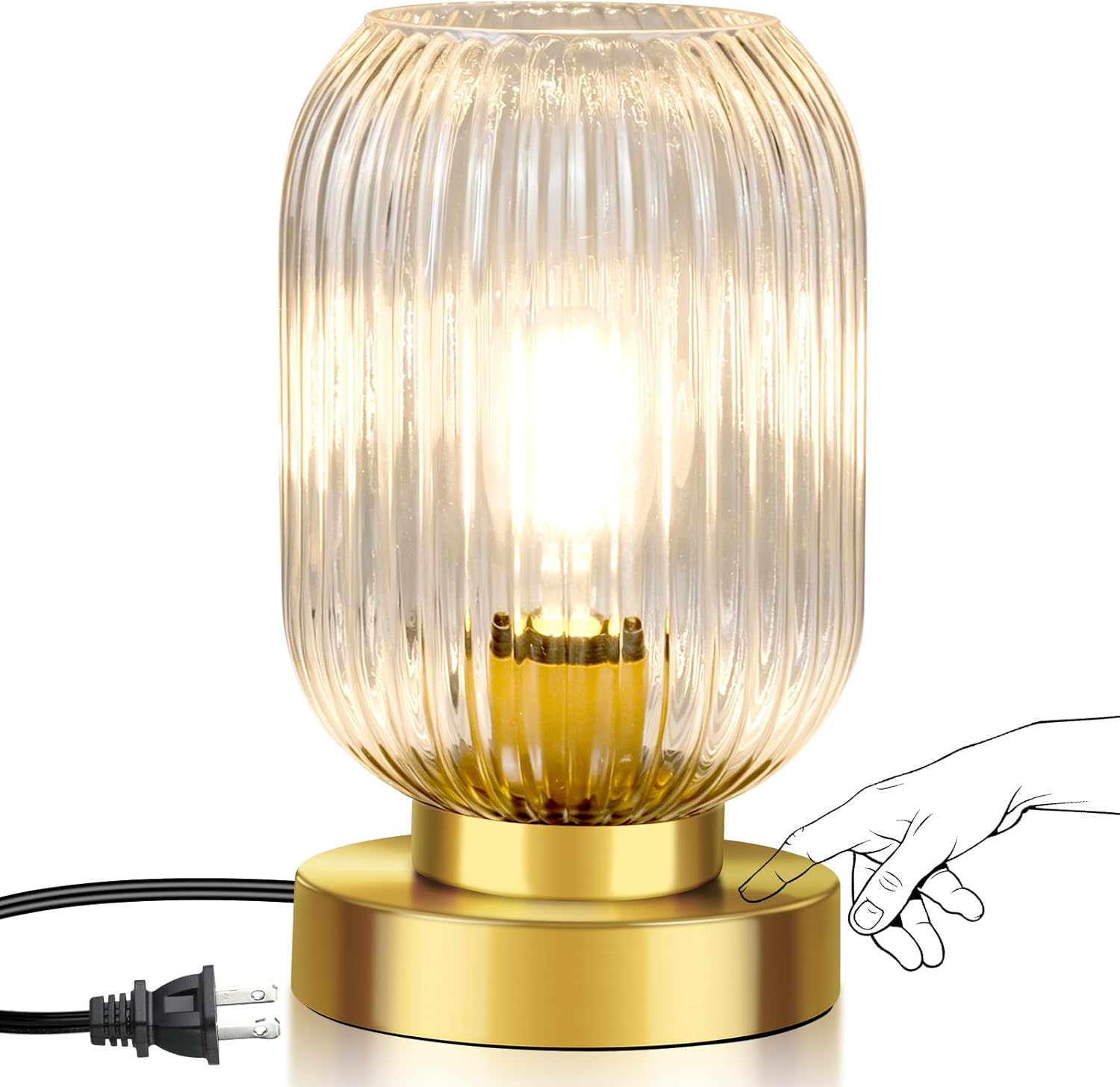 Mid Century Modern Table Lamp with Clear Ribbed Glass Shade, Touch Control & 3 Way Dimmable, Small Gold, Vintage Bedside Lamp for…