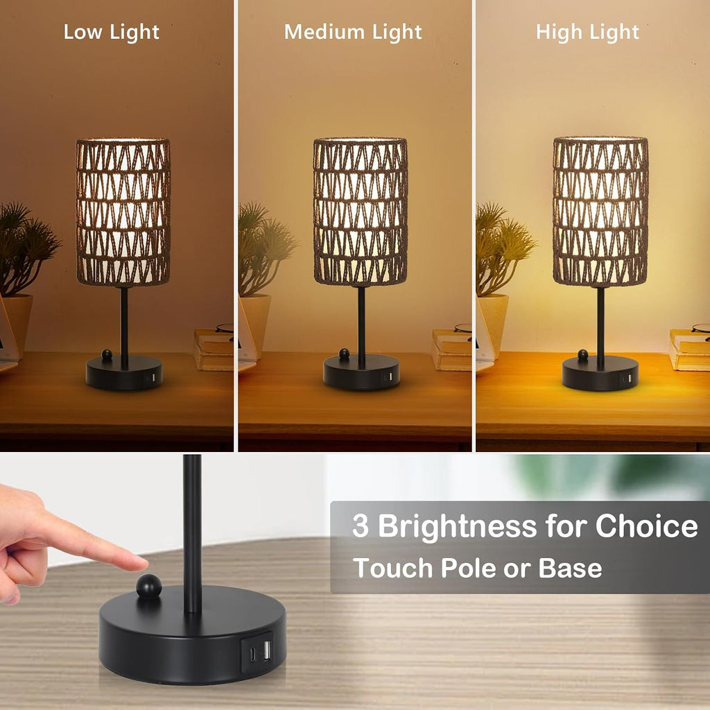 Gray Bedside Lamps Set of 2, Touch Control Night Stand Lamp for Bedroom with Rattan & Linen Shade & Bulbs, 3 Way Dimmable Small Boho…