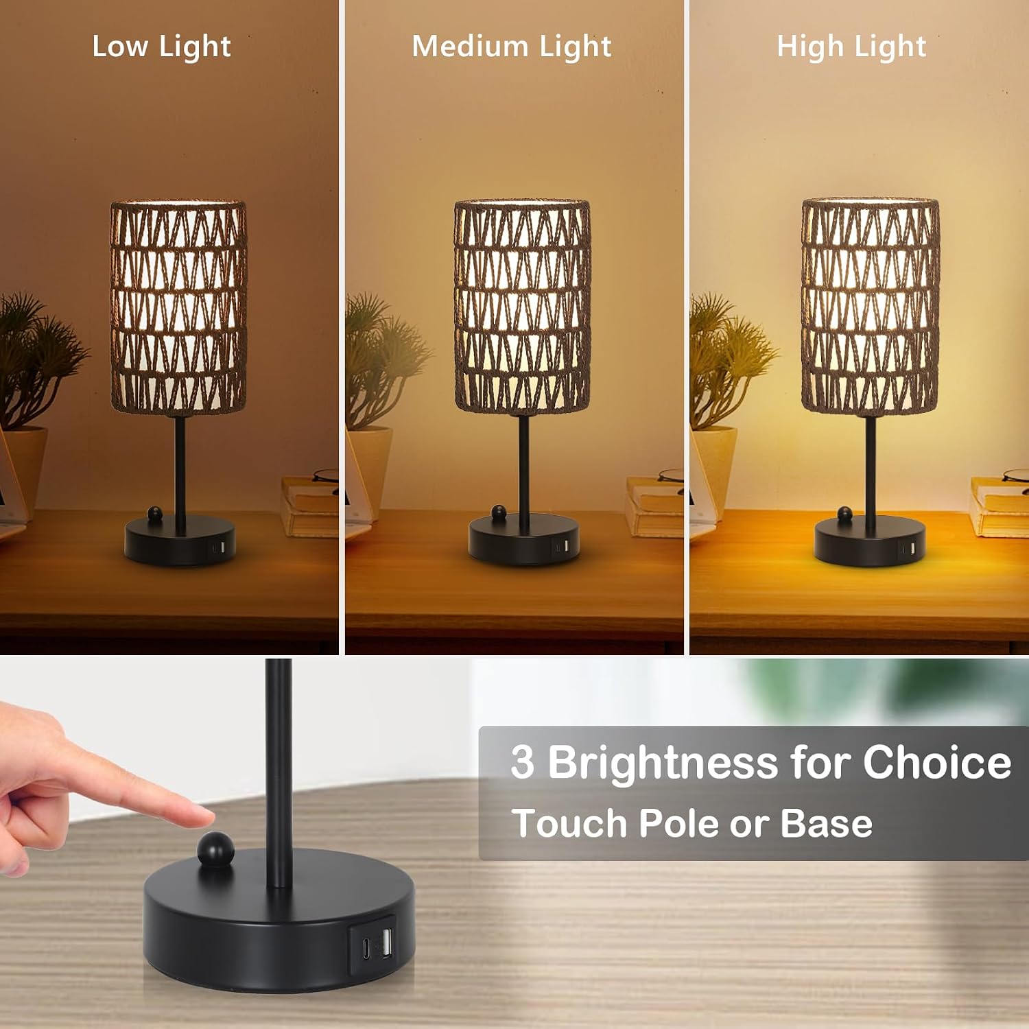 Gray Bedside Lamps Set of 2, Touch Control Night Stand Lamp for Bedroom with Rattan & Linen Shade & Bulbs, 3 Way Dimmable Small Boho…