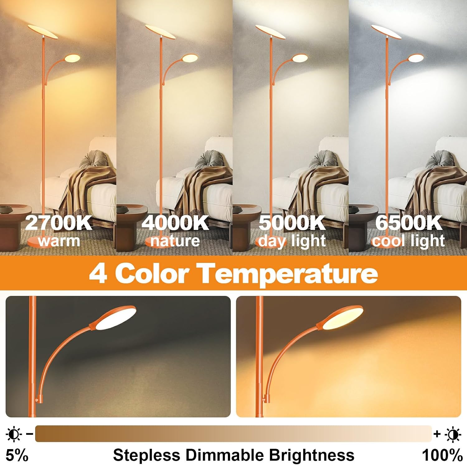 Marctronic Orange Floor Lamps for Living Room, 44W/4500LM Super Bright 2 in 1 LED Floor Lamp with Remote, Stepless Dimmable 50FT blue