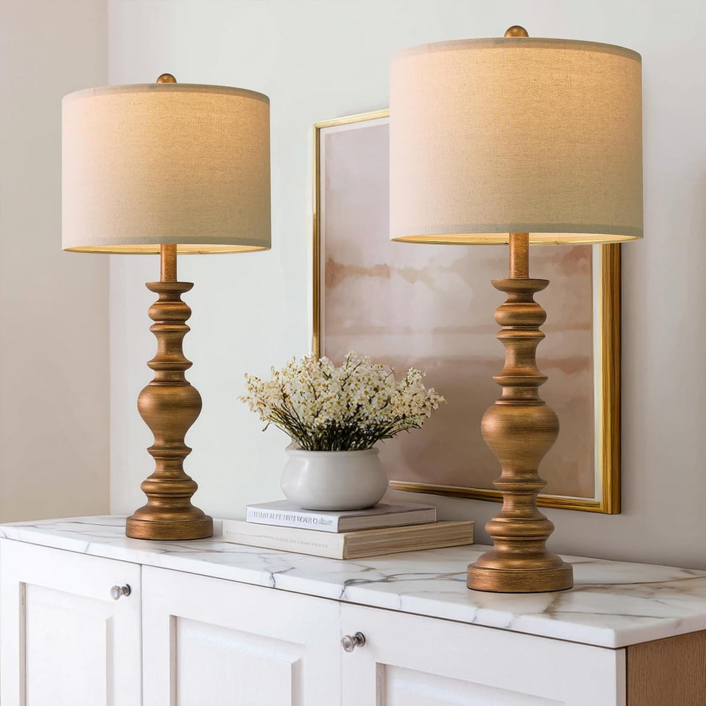 BOBOMOMO 27" Antique Gold Table Lamps Set of 2, Elegant Large Resin Lamps with Linen Shades, Gold Traditional Lamps for Bedroom, Living…