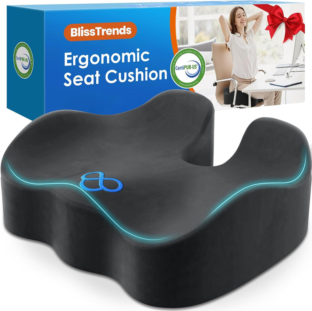 BlissTrends Seat Cushion,5.2in Thick Memory Foam Cushions for Office Chair, Car Seat, Airplane, Relieving Pressure Tailbone Sciatica Back P…