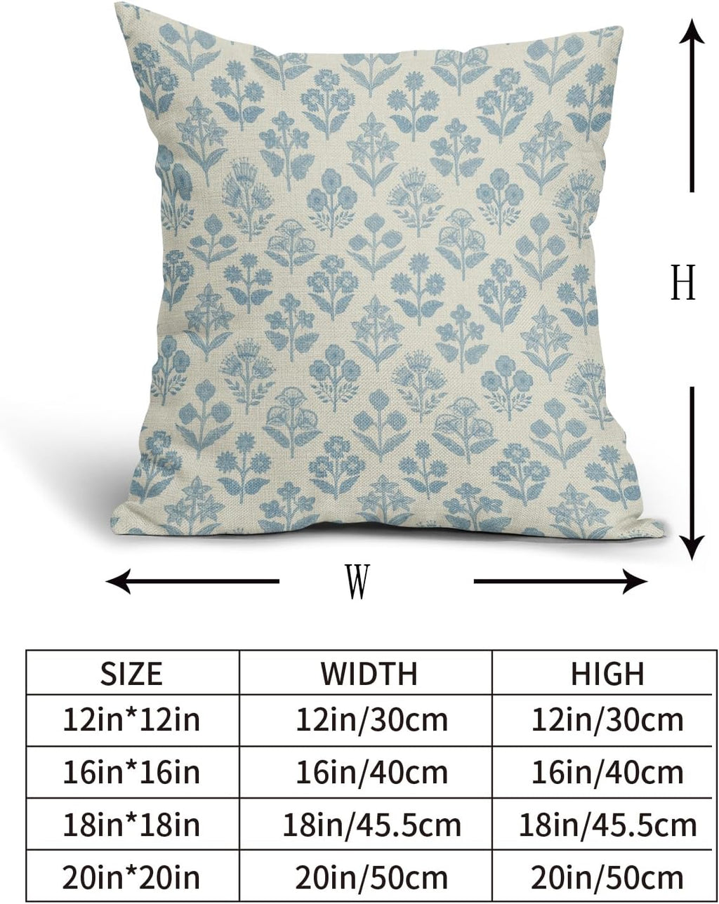 Light Blue Floral Pillow Covers 18x18 Inch Set of 2, Vintage Flower Block Print Pattern Decorative Throw Pillowcases Outdoor Farmhouse…