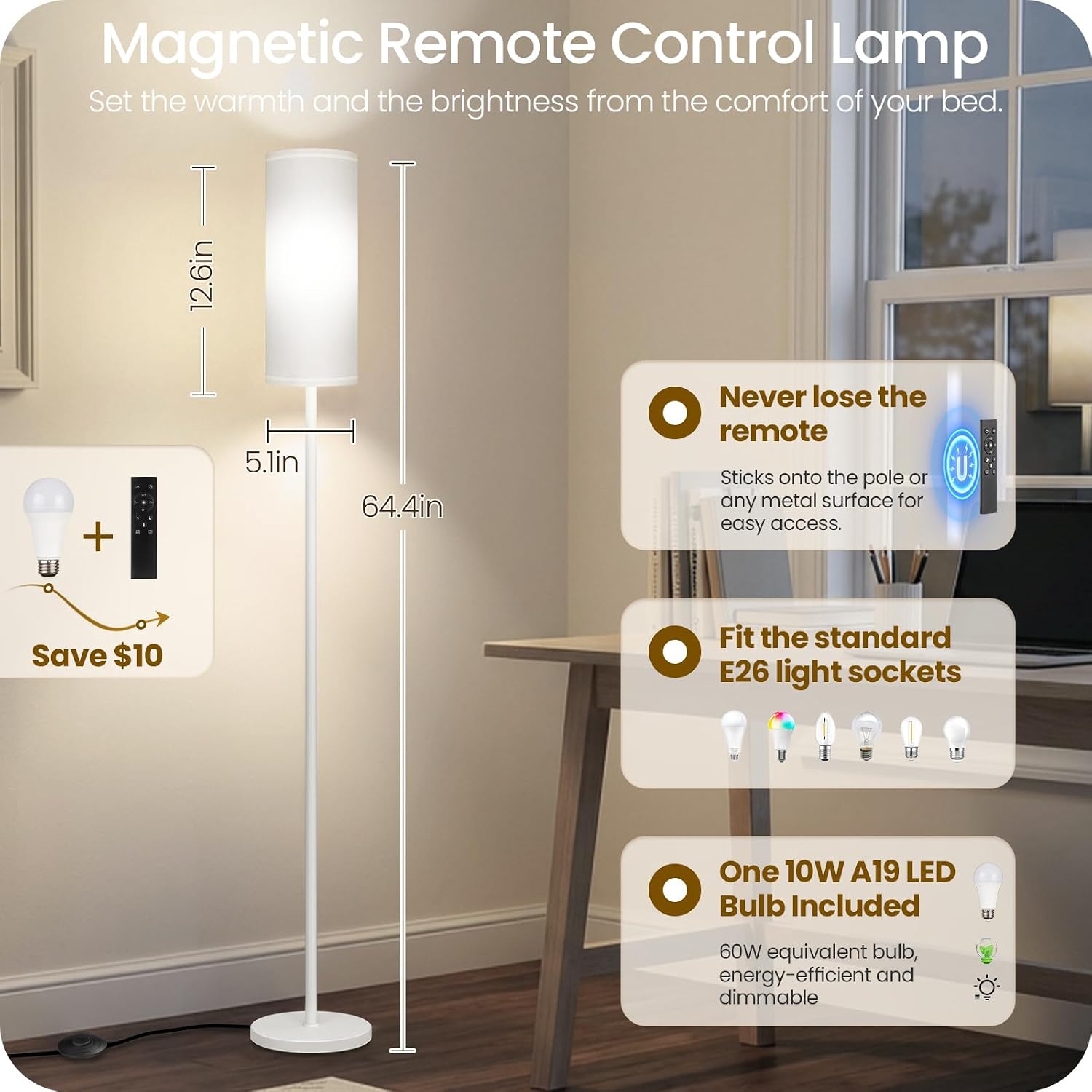 White Dimmable Floor Lamps for Living Room with Remote and Foot Switch, 64.4” Modern Standing Tall Lamp, Corner Lamp for Bedroom, Office…