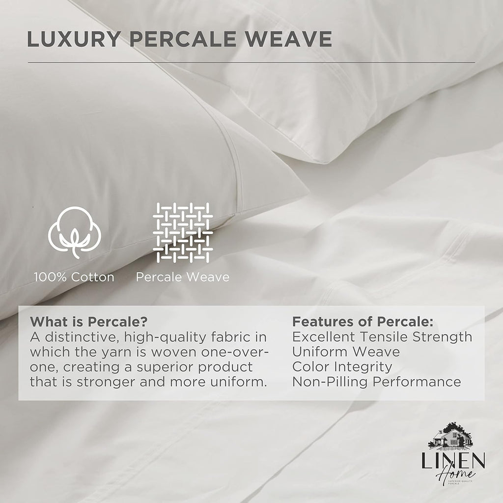 Linen Home 100% Cotton Percale Pillowcases King Size, White, 2 Pieces of Pillow Case, Crisp and Cool Strong Bed Linen, 20 inches X 36 inches