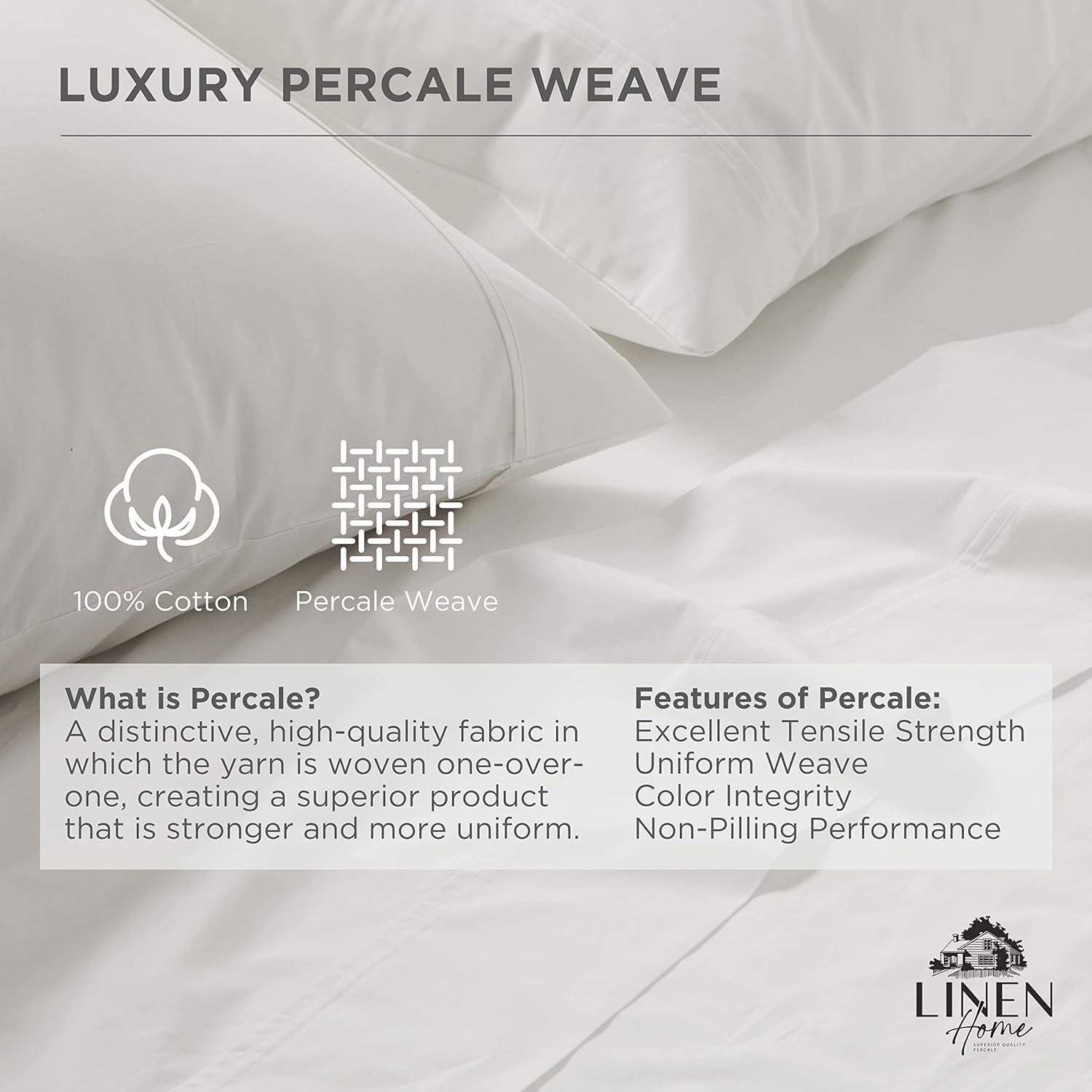 Linen Home 100% Cotton Percale Pillowcases King Size, White, 2 Pieces of Pillow Case, Crisp and Cool Strong Bed Linen, 20 inches X 36 inches